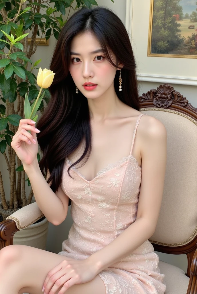 Canon RF85mm f/1.2, masterpiece,best quality,ultra highres,1 girl,lying,flower,off-shoulders dress,long hair,red dress,hand on own stomach,black hair,jewelry,earrings,colorful flower,rose,pink rose,on back,lips,breasts,eyelashes,collarbone