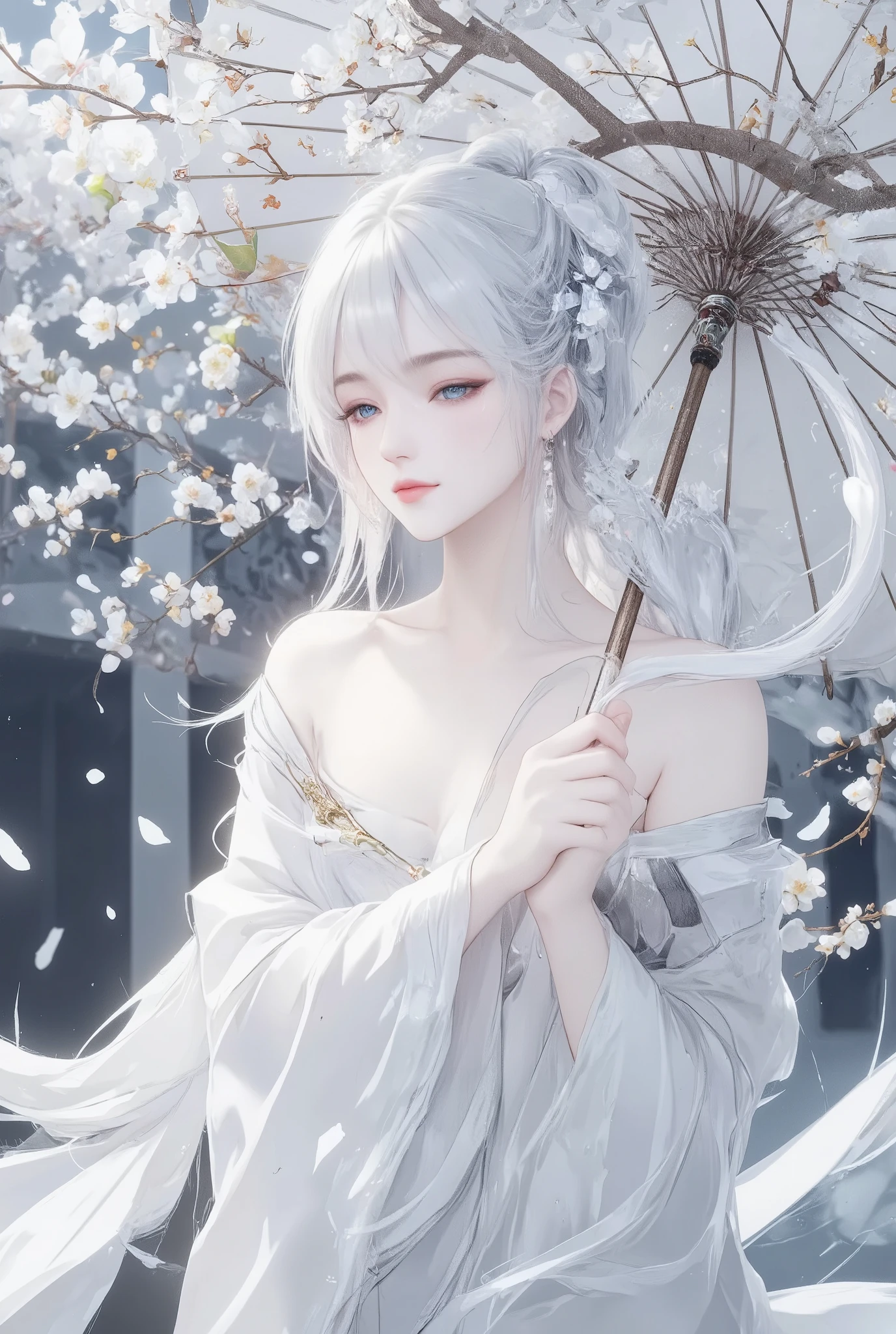 white cherry blossom tree, High detail(1,4), Very detailed,An ancient Chinese goddess standing , Holding a white umbrella , details Face ,Light makeup, close eyes,1 girl, solo, White ponytail long hair, ribbon, Chest, Chinese goddess wearing a bright antique white silk dress, Hanfu clothing, white snake, High detail,