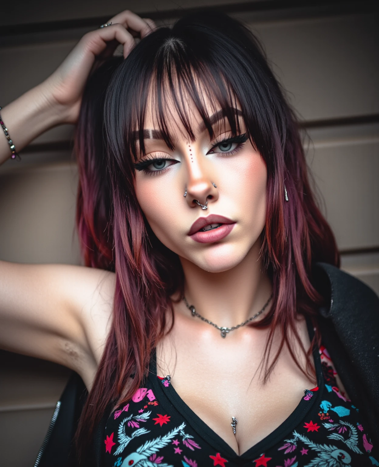 a close up of a woman with cabelo vermelho and piercings, 1 7 - year - old goth girl, com cabelos longos e olhos penetrantes, wearing Gothic makeup, crimson cabelo vermelho and red eyes, ariana grande como sith, black and cabelo vermelho, goth girl, preto muito longo/cabelo vermelho, rosto sexy com maquiagem completa, very beautiful gothic top model, Gothic makeup
