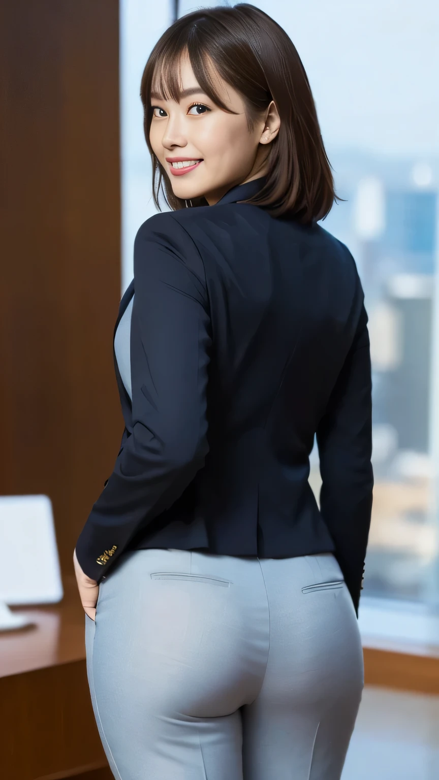 ( BEST QUALITY, 8k, 32K, masterpiece, super high resolution:1.2), 1 girl , thin waist, suit, suit, office room, Machine, stick your butt out toward the photo , thick butt, ( panty line, from behind, tight pants , skinny pants suit:1.3), ( Human viewers are embarrassed, look back, detailed face , double eyelids, smile)