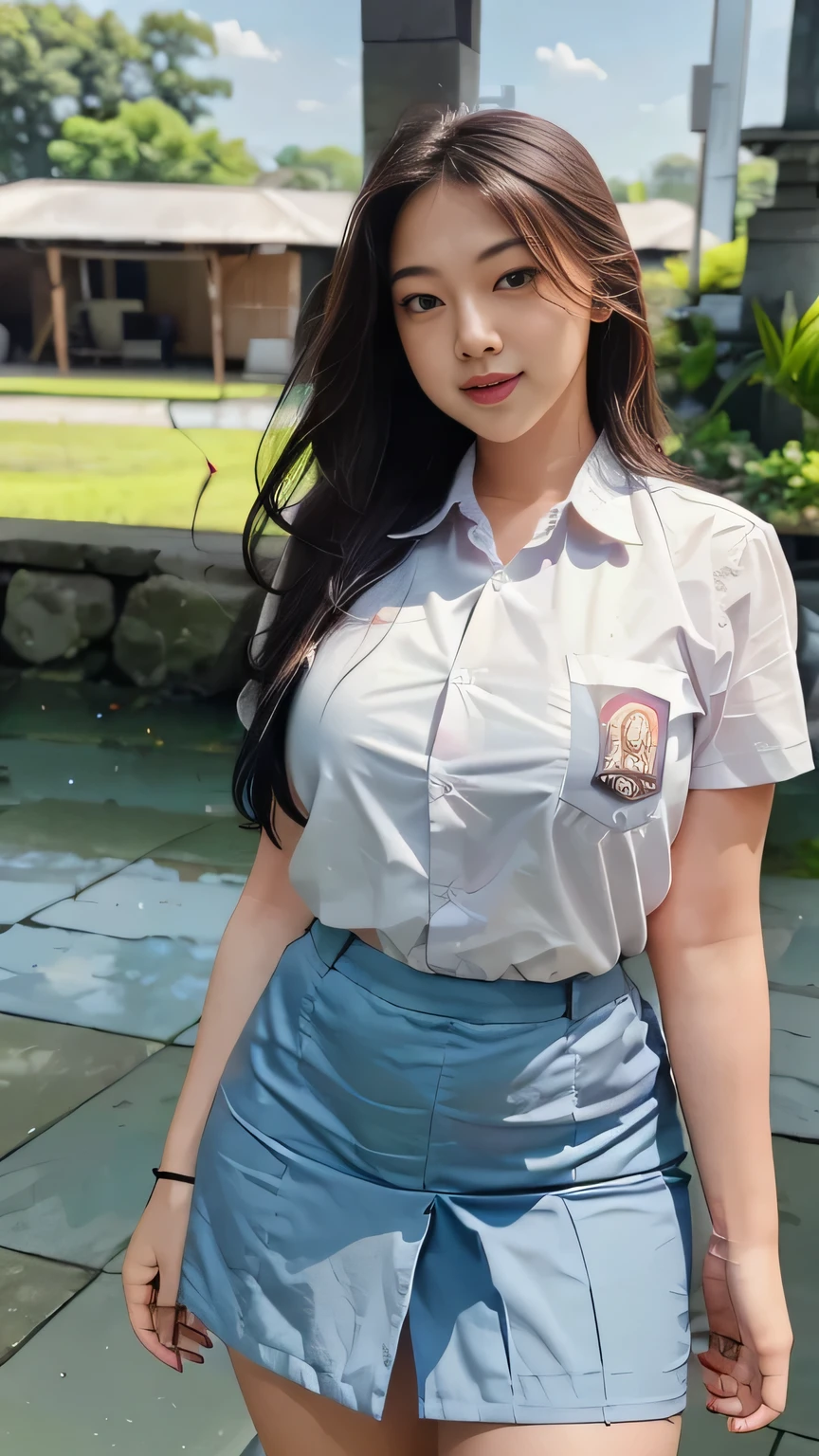1girl, solo, 19 years old, (uniform), detailed Metropolitan city at the background, portrait, thick breasts, semi-curvy body, smooth realistic skin, cute smile, white shirt, grey blue short skirt, looking at the audience, high angle shot,(8k, RAW photo, best quality, masterpiece: 1.3), (realistic, realistic: 1.37), ultra-high resolution, cowboy shot