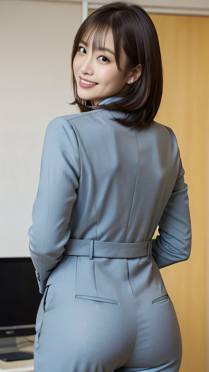 (Best quality, 8k, 32k, Masterpiece, UHD:1.2), 1girl, beautiy Japanese woman, narrow waist, grey suit, open jacket, office lady, suit, pants, from behind, office room, desk, (stick out one's buttocks:1.2), detailed face, short hair,