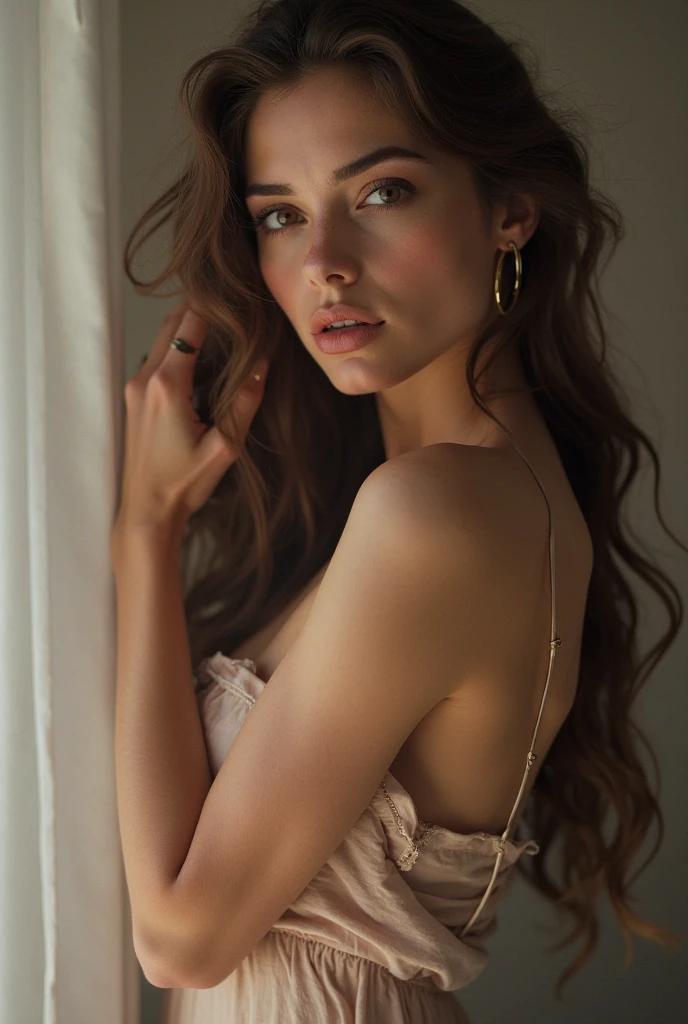 an unrealistically beautiful adult woman is standing in an alluring pose and looks straight into the camera with a gaze that makes you fall in love with her, in the style of Alyssa Monks, masterpiece, a variety of small details in the background, random, hyper detailed, trending on artstation, intricate details, highly detailed, highly detailed, digital painting, perfect result, HDR, illustration, very clear image, evocative, striking, Fluorescent light, Side angle perspective, perfect face, polished, glorious, seraphic, dreamy, astonishing, fabulous, captivating, pretty, mesmeric, elegant, magnificent, sublime, luscious, dreamy, Mysterious