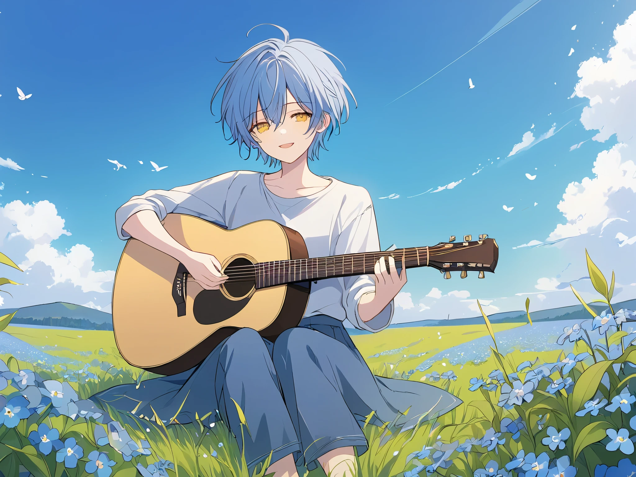 young androgynous boy, anime, light blue hair and yellow eyes, wearing casual clothes, playing acoustic guitar, cute boy, femenine, medium lenght hair, relaxed, enjoying music, nostalgic theme, forget me not flowers, outdoors, on a windy grass plain, lightblue myosotis field,