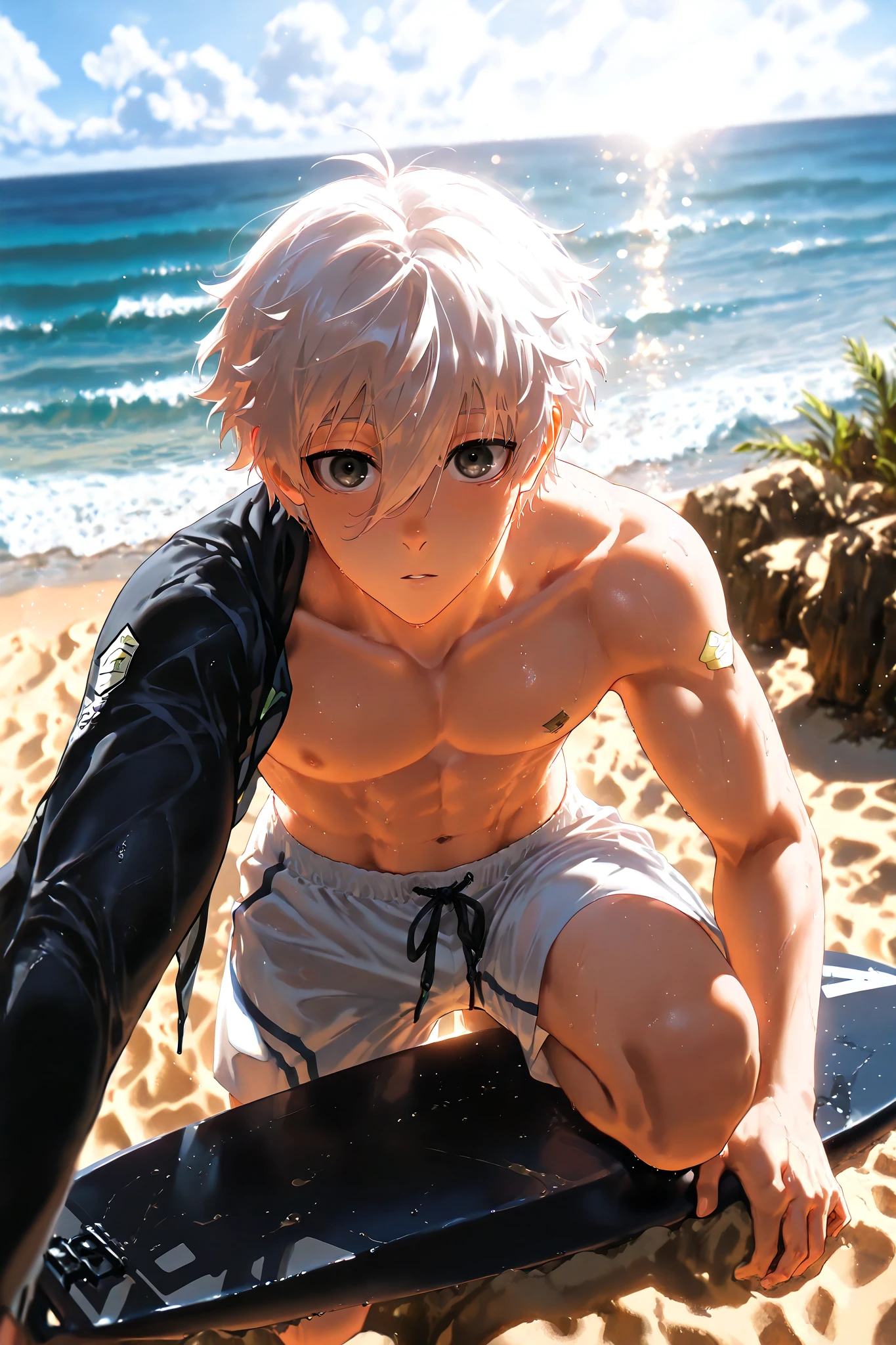 Nagi seishiro, (8k, HD), 1 boy, (masterpiece, best quality, absurdres, highres), amazing quality, very aesthetic, close view, perfect eyes, perfect face, volumetric lighting, sunlight falling on him, holding surf board in hand, sitting aside a tree, sand, looking at viewer, digital art style, drawn aesthetic, full body, concept painting, ultrahigh definition, score_9, score_8, score_7_, Masterpiece, Best quality, (masterpiece), (highest quality), (very detailed), (the best shape), (best shadows), (absurd), (so beautiful), beautiful eyes in every detail, unusual, 8k, 32K, high resolution, very detailed e CG, score_9, score_8_high, score_7_high quality, 1 boy, /Quality, masterpiece, best quality, source_anime, anime coloring, countershading, light particles, aesthetics light, intricately detailed illustration, yaoi, //Character, BREAK, 1boy, male, male focus, solo, Nagi, white hair, black eyes, masculine, bright skin, male, white summer shorts, shirtless, upper body, looking at viewer, at beach, sea behind him, sparing season, sunny day, scorching sunlight, hot day, sunlight falling on him,shirtless , muscular, lazy//Quality, BREAK, intricately detailed illustration, masterpiece, best quality, amazing quality, very aesthetic, high resolution, ultra-detailed, absurd res, newest, scenery, volumetric lighting,nagi_seishirou,grey eyes,hair between eyes
