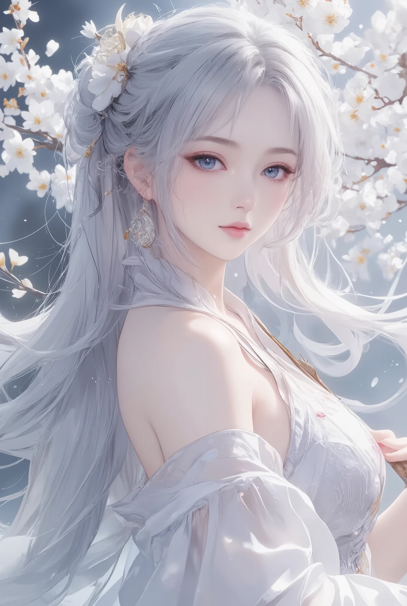 white cherry blossom tree, High detail(1,4), Very detailed,An ancient Chinese goddess standing , Holding a white umbrella , details Face ,Light makeup, close eyes,1 girl, solo, White ponytail long hair, ribbon, Chest, Chinese goddess wearing a bright antique white silk dress, Hanfu clothing, white snake, High detail,