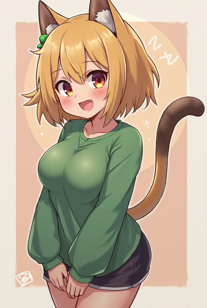 Yellow hair, Yellowish orange fur, green hoodie, brown pants, female, neco arc, cat, lifting up jacket with hands, showing stomach, womb tattoo