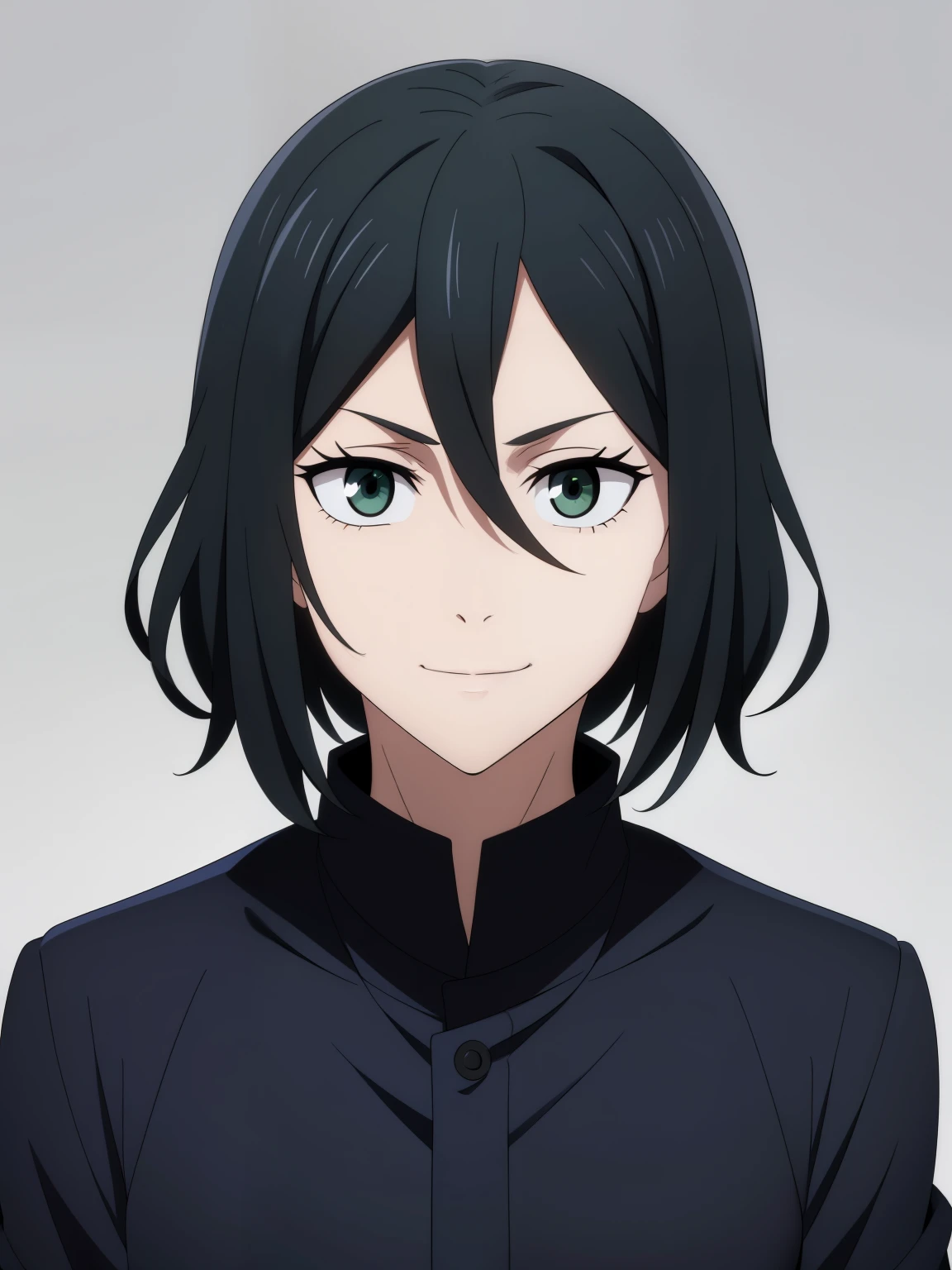 (high-quality, breathtaking),(expressive eyes, perfect face) 1girl, female, solo, ager, black hair, bright meadow green eye color, medium hair length, looking at viewer, half body, bright smile, kind face, cheerful expression, slightly tanned skin, dark black blue long sleeved shirt, collared shirt, dark black blue pants, jujutsu kaisen uniform, jujutsu high school uniform, flowy hair, feminine face, grey background, portrait, small sunflower, stylized hairstyle,