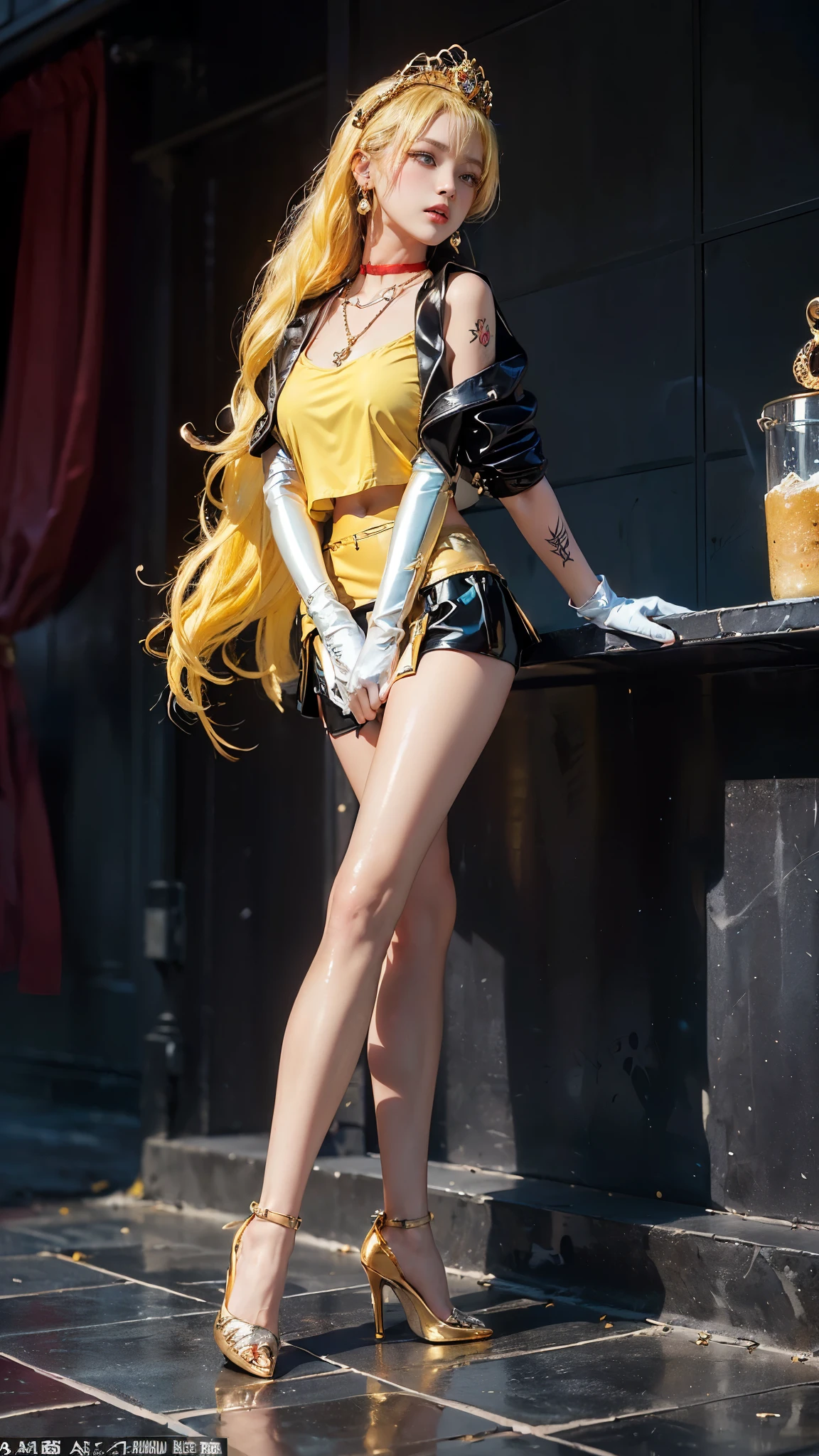 Best quality, masterpiece, ultra high res, raw photo, beautiful and aesthetic,deep shadow, dark theme,(ultra detailed:1.3),
1girl, standing pose, Headdress, full of curtain, drill hair, long hair, blonde hair, gradient hair, yellow eyes, solo, huge breasts, big hair, blue hair, divine goddess, looking at viewer, chinese city, Chinese theme, Chinese style, indoors, bedroom, astraea, full body, (black leotard), (cross-laced clothes, sideboob), bare arms, black thighhighs, thigh boots