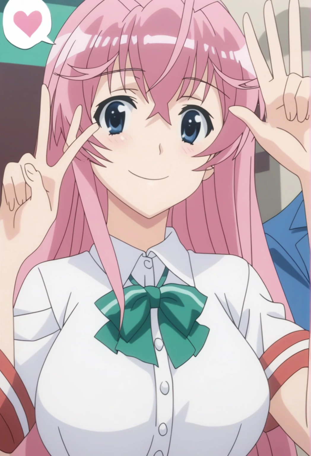 score_9, score_8_arriba, score_7_arriba, BREAK   source  _anime,better quality, Masterpiece,anime screencap,  source  _anime,(ai-generated:0.8),

better quality, very aesthetic,Absurds,

otmn ,

a girl,Alone ,

pink hair,

big breasts,

smile,happy,V,

 white shirt,school uniform,Short sleeves, Red pleated skirt,  green colored bowtie , white thighs, 

spoken heart, 

 of foot,waving, 

at school,