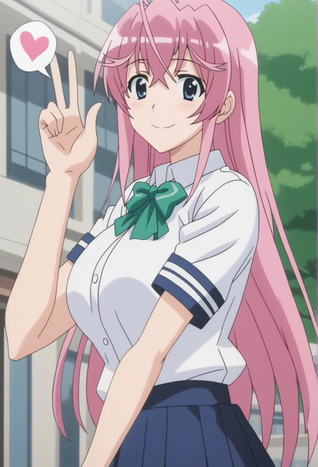 score_9, score_8_arriba, score_7_arriba, BREAK   source  _anime,better quality, Masterpiece,anime screencap,  source  _anime,(ai-generated:0.8),

better quality, very aesthetic,Absurds,

otmn ,

a girl,Alone ,

pink hair,

big breasts,

smile,happy,V,

 white shirt,school uniform,Short sleeves, Red pleated skirt,  green colored bowtie , white thighs, 

spoken heart, 

 of foot,waving, 

at school,