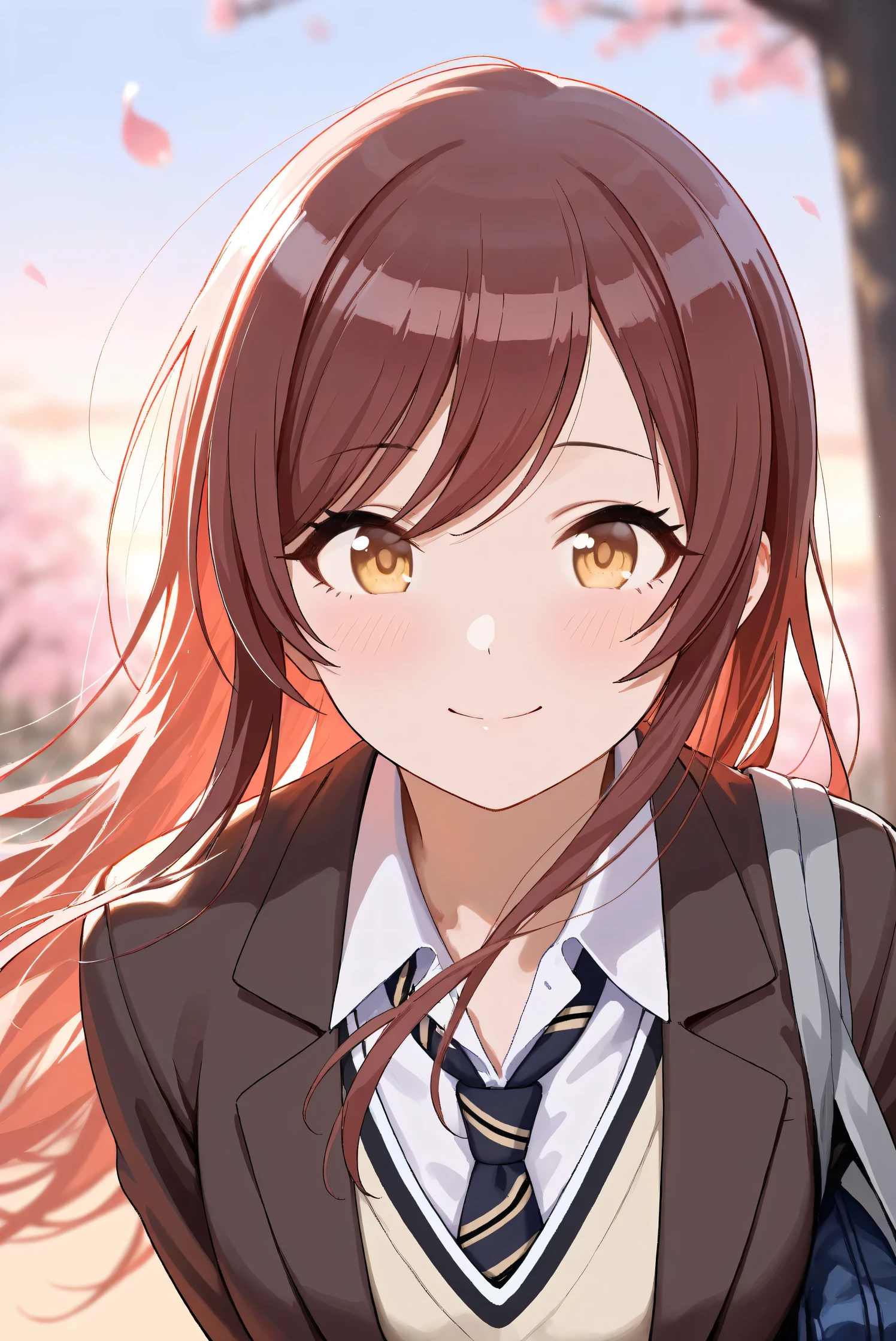 (Masterpiece), (Highest quality), (Very detailed),
(The best shape), (Best Shadow), (Absurd),
(Detailed background), (So beautiful), Shiny ,
Extraordinary, Countershading, 8k, 32K, High resolution, Beautiful eyes in every detail,
Very Detailed CG, UHD,
Score_9, Score_8_up, Score_7_up, Source_anime,
(Pastel painting:1.2), (Watercolor painting:1.2),
(Masterpiece, Detailed:1.2), (Foreshortening:1.2),
Cinematic, Dramatic, (Depth of field:1.4),
(Blurry background:1.4), (Realistic background:1.4),
Dynamic angle, 1 girl,
Outdoor, Spring, (Cherry blossoms:0.8), (Evening:1.2),
Wind, Nature,
Osaki Amana,
the idolmaster shiny colors,
amanaosaki,
red hair, brown hair, yellow eyes,
(School uniform:1.3),
Blazer, Brown blazer,
Sweater, Khaki sweater,
formal shirt, White collar shirt, tie, black tie,
School bag,
Portrait, Focus on face,
(Blush:1.3), Smile, Happy,
Realistic skin, Shiny skin,