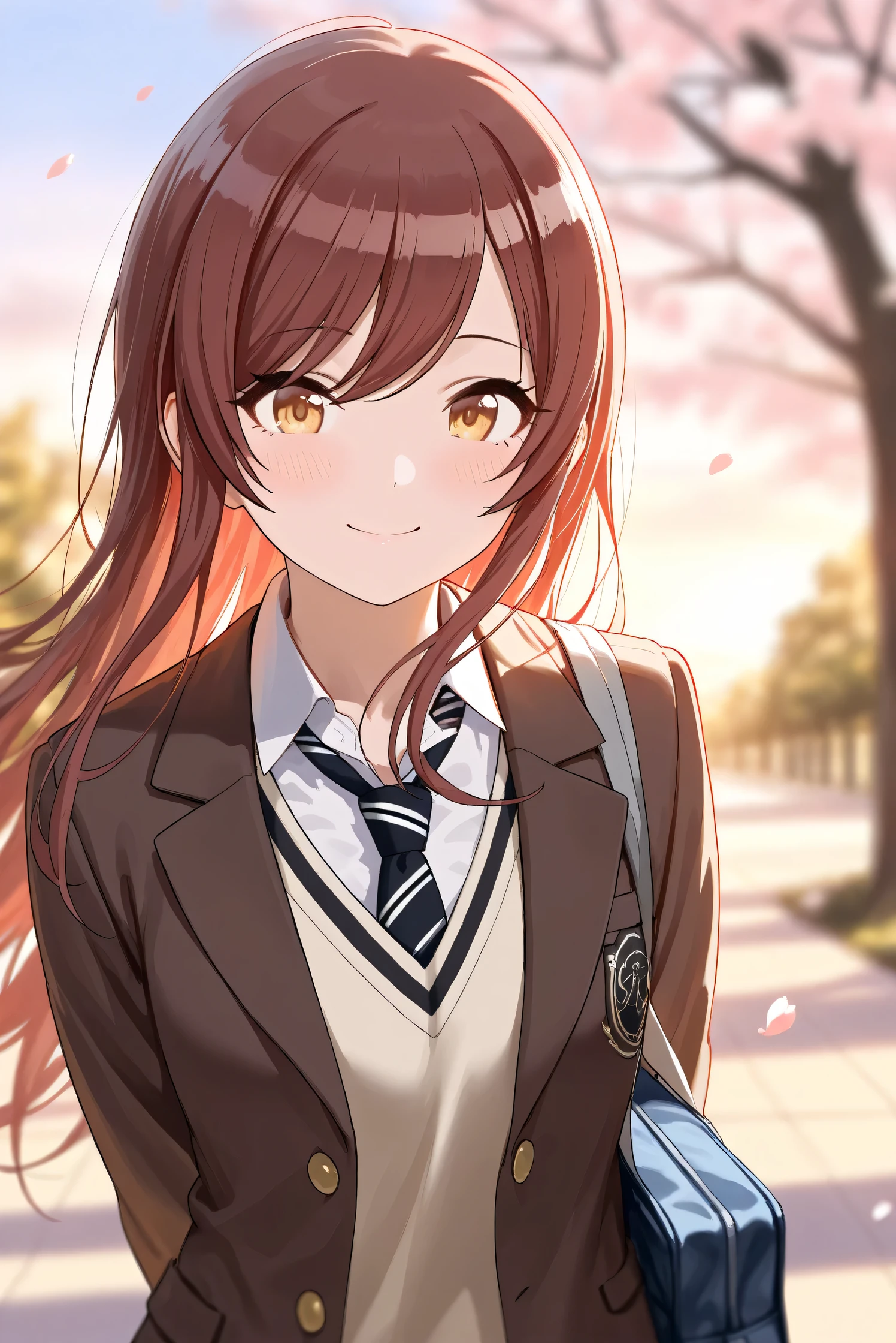 (Masterpiece), (Highest quality), (Very detailed), 
(The best shape), (Best Shadow), (Absurd), 
(Detailed background), (So beautiful), Shiny , 
Extraordinary, Countershading, 8k, 32K, High resolution, Beautiful eyes in every detail,
Very Detailed CG, UHD,

Score_9, Score_8_up, Score_7_up, Source_anime, 
(Pastel painting:1.2), (Watercolor painting:1.2),
(Masterpiece, Detailed:1.2), (Foreshortening:1.2),

Cinematic, Dramatic, (Depth of field:1.4),
(Blurry background:1.4), (Realistic background:1.4),
Dynamic angle, 1 girl,
Outdoor, Spring, (Cherry blossoms:0.8), (Evening:1.2),
Wind, Nature,

Osaki Amana,
the idolmaster shiny colors,
amanaosaki,
red hair, brown hair, yellow eyes,

(School uniform:1.3),
Blazer, Brown blazer,
Sweater, Khaki sweater,
formal shirt, White collar shirt, tie, black tie,
School bag,

Portrait, Focus on face, 
(Blush:1.3), Smile, Happy,
Realistic skin, Shiny skin,