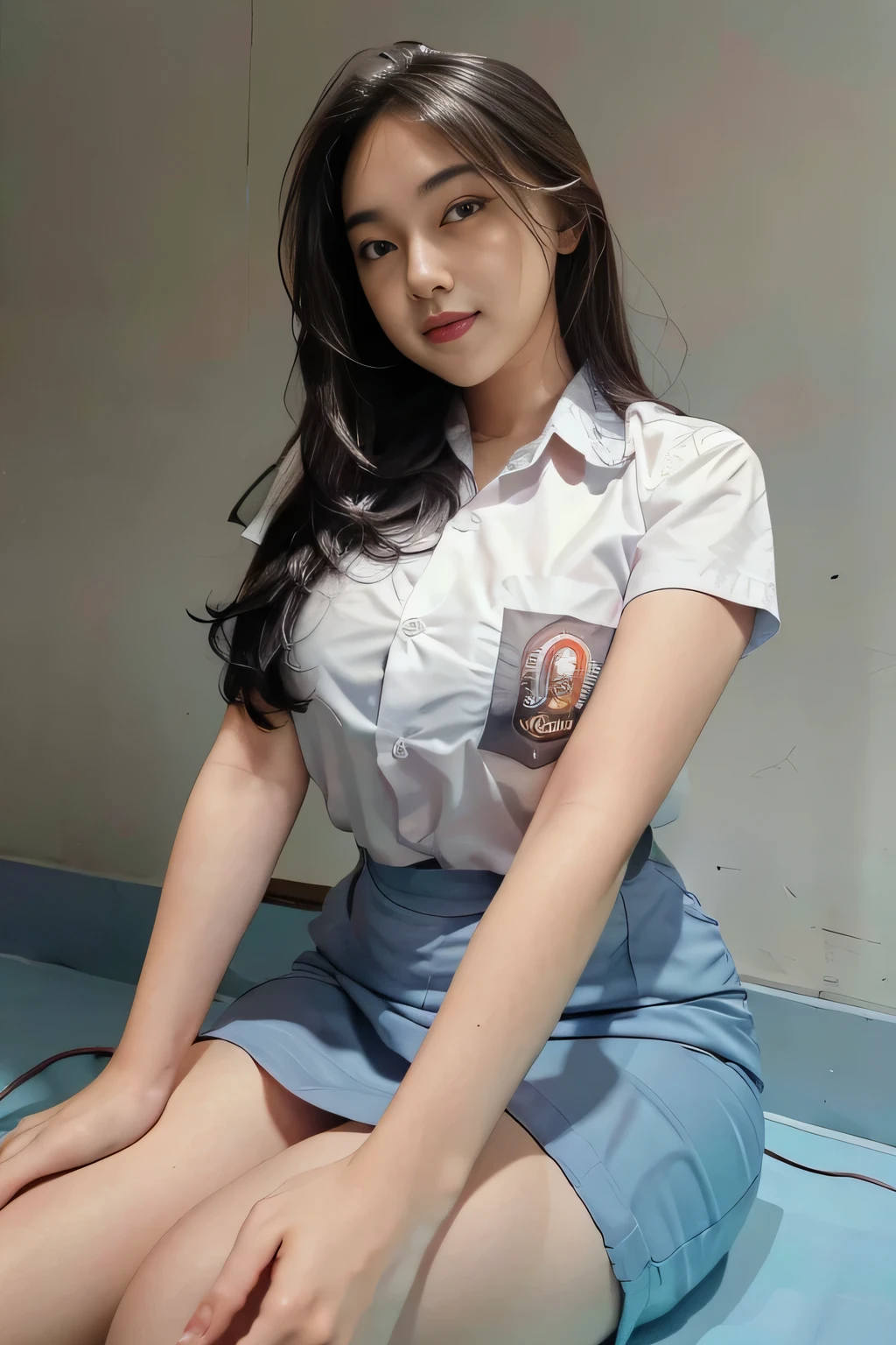 1girl, solo, 19 years old, (uniform), sitting down, detailed Metropolitan city at the background, portrait, thick breasts, semi-curvy body, smooth realistic skin, cute smile, white shirt, grey blue short skirt, looking at the audience, high angle shot,(8k, RAW photo, best quality, masterpiece: 1.3), (realistic, realistic: 1.37), ultra-high resolution, from below