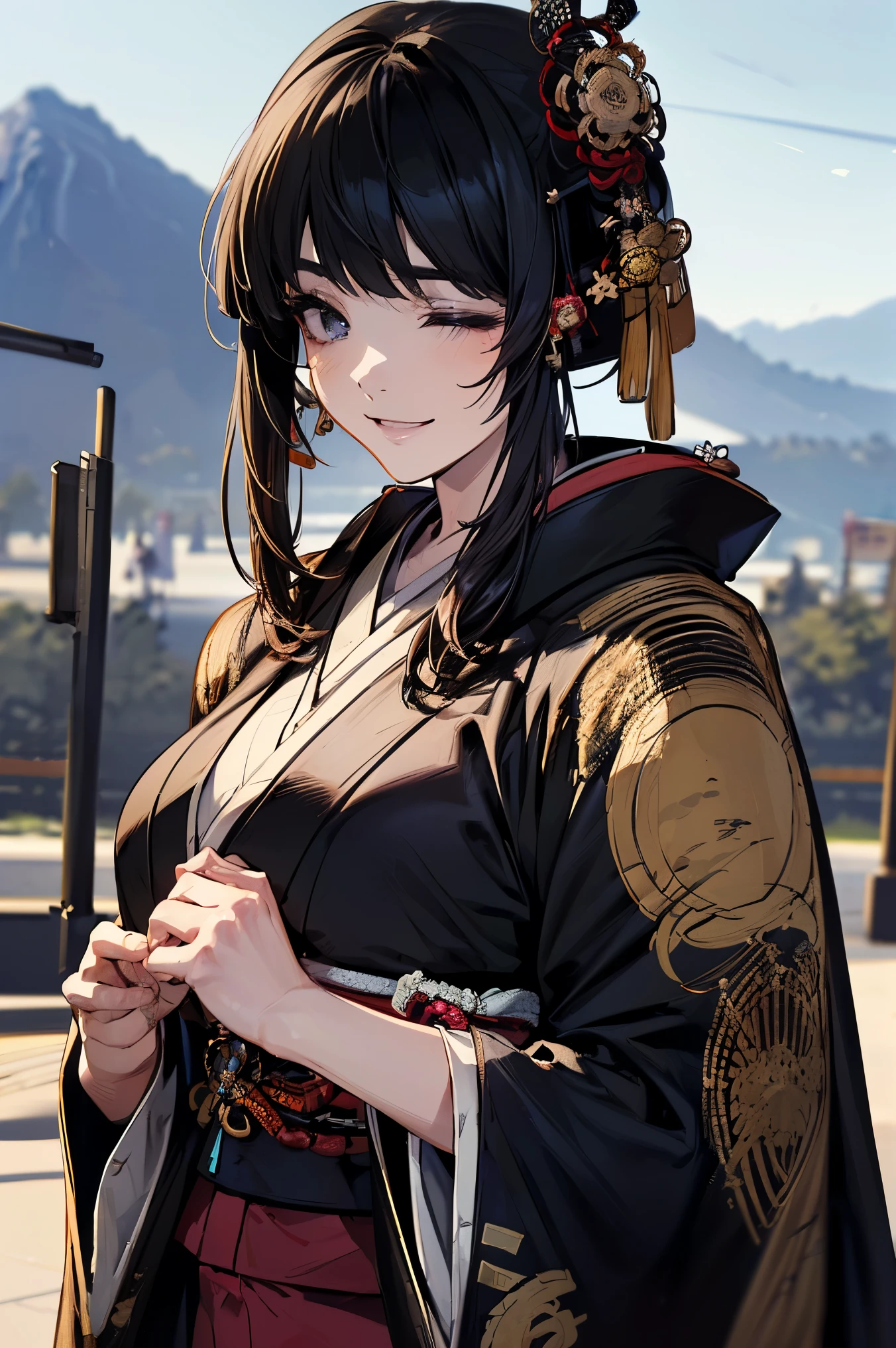 (masterpiece:1.5),beautiful hair,beautiful eyes,beautiful lips,Beautiful slender body,(Konno Anna:1.2),(Riho Yoshioka:1.1),(close your eyes and smile:1.3),(Mountains in the background:1.4),bust illustration from the front ,Cleavage,((((An Extraordinary Beauty:1.7)))),(((( kimono,military jacket,Taisho Romance:1.5)))),((19-year-old single woman holding a fish in her hand:1.1)),(accurately depicted anatomically correct hands:1.1)black hair,long lashes,Three-dimensional, jewel-like eyes,Very delicate and beautiful CG,2. 5D illustration, anatomically accurate body, (Extremely precise illustrations:1.1),(Outdoors:1.4), (wallpaper:1.4),8k