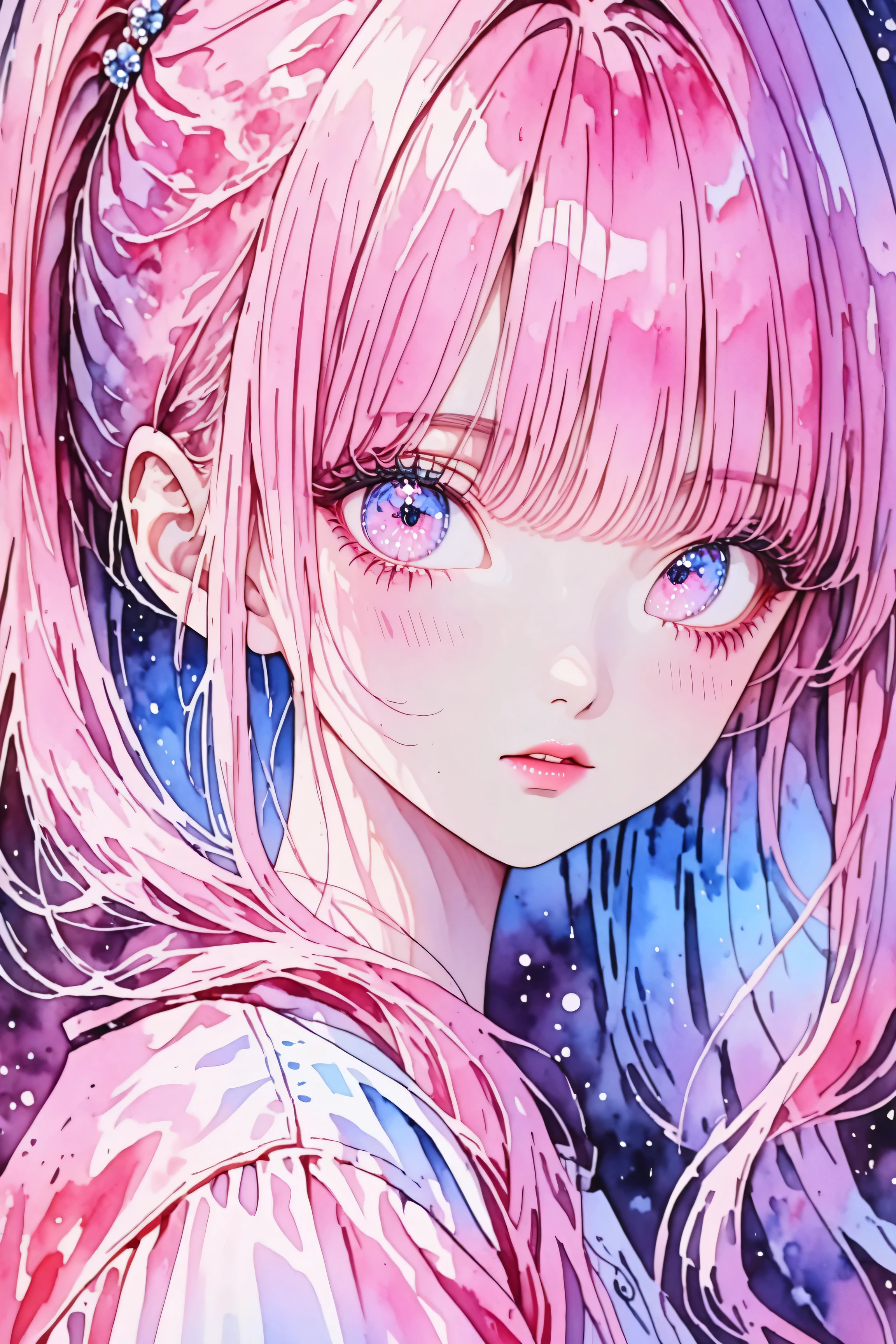 A young japanese woman, beautiful detailed eyes, beautiful detailed lips, extremely detailed eyes and face, long eyelashes, pastel painting, thick coating, texture, inspired by Moebius, trippy, (((watercolor illustration))), portrait, big eyes, ulzzang, pink eyes, (best quality,4k,8k,highres,masterpiece:1.2),ultra-detailed,vivid colors,bokeh