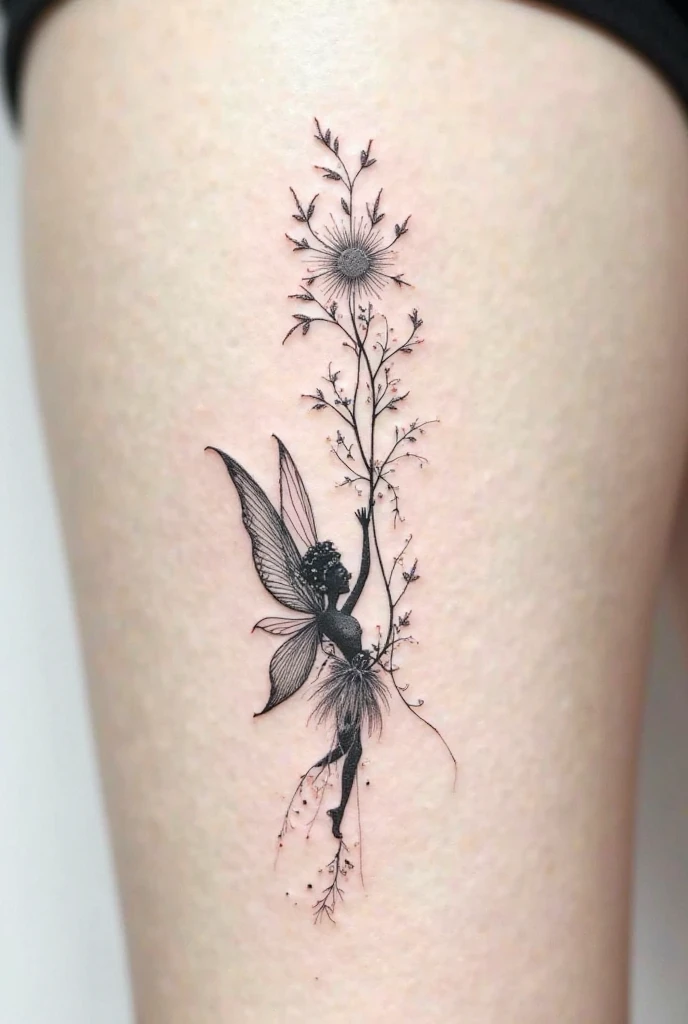 tatoo with fairy, some butterfly, stars and small flowers, black and white delicate in the spine