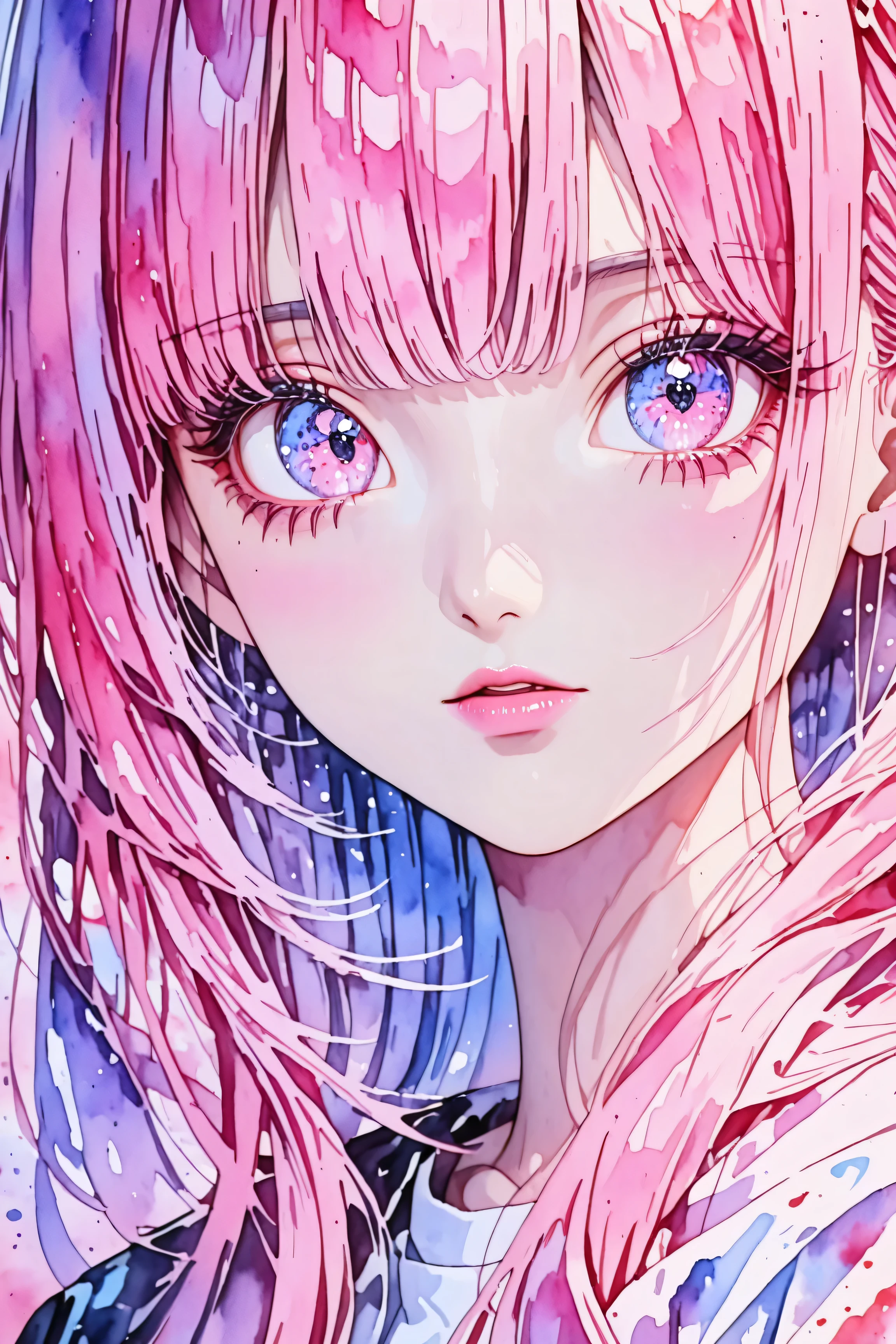 A young japanese woman, beautiful detailed eyes, beautiful detailed lips, extremely detailed eyes and face, long eyelashes, pastel painting, thick coating, texture, inspired by Moebius, trippy, (((watercolor illustration))), portrait, big eyes, ulzzang, pink eyes, (best quality,4k,8k,highres,masterpiece:1.2),ultra-detailed,vivid colors,bokeh