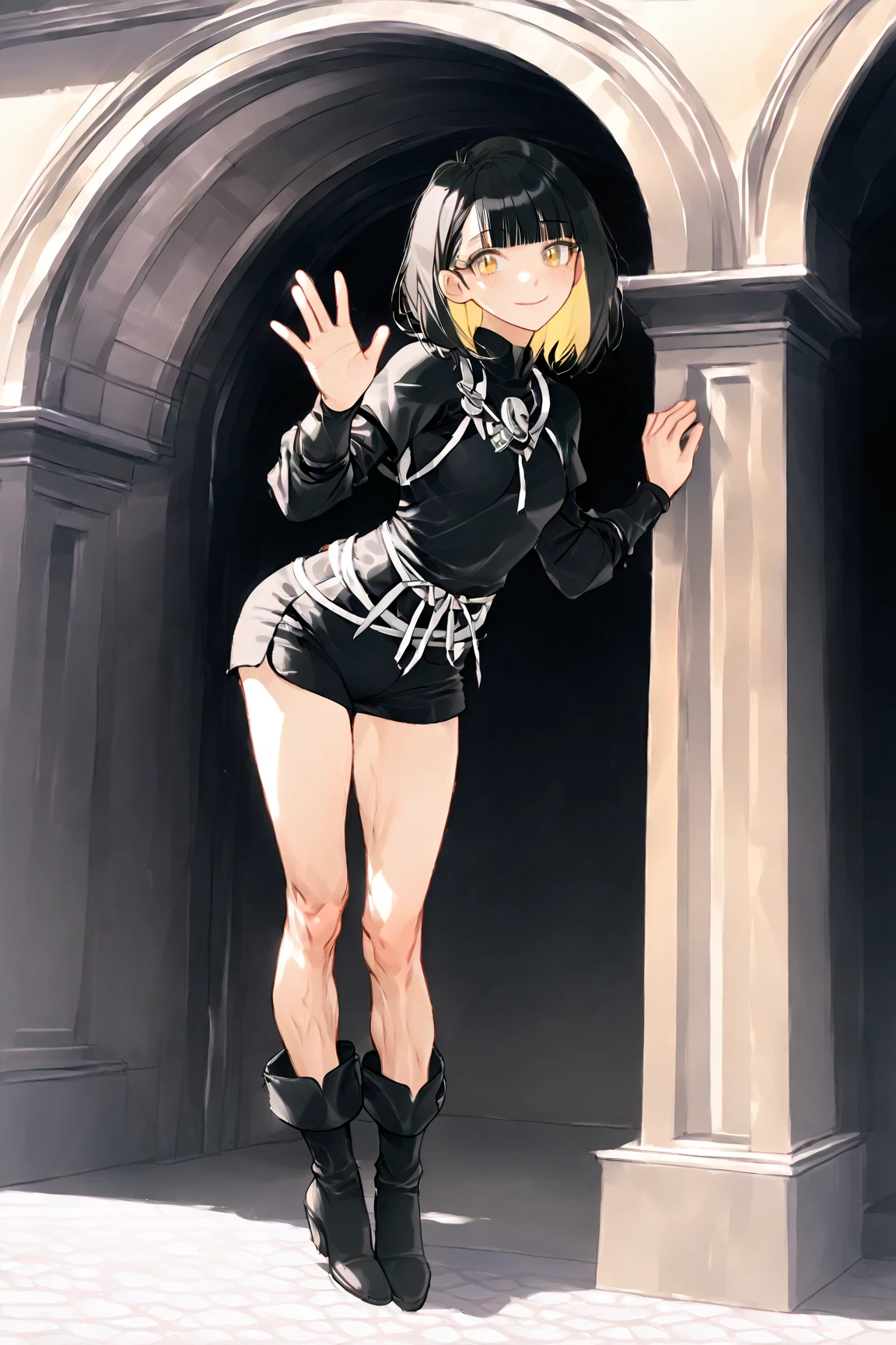 score_9, score_8_up, score_7_up, score_6_up, score_5_up, score_4_up, source_anime,(masterpiece, best quality:1.2), solo, 1girl, colettedef, smile, looking at viewer, hair over one eye, hairband, black shirt, long sleeves, skirts, black thigh high boots, white hair, brown eyes, w-w-chain, shackles, spread arms, dungeon, best quality, best res, 4K UHD,