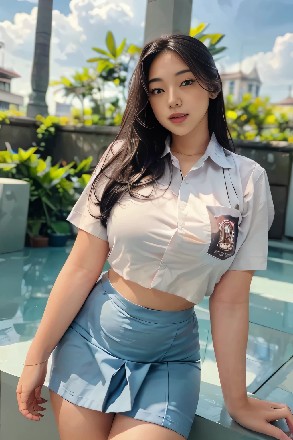 1girl, solo, 19 years old, (uniform), detailed Metropolitan city at the background, portrait, thick breasts, semi-curvy body, Sixpack abs, smooth realistic skin, cute straight face, tight white shirt, grey blue short skirt, looking at the audience, high angle shot,(8k, RAW photo, best quality, masterpiece: 1.2), (realistic, realistic: 1.37), ultra-high resolution, cowboy shot