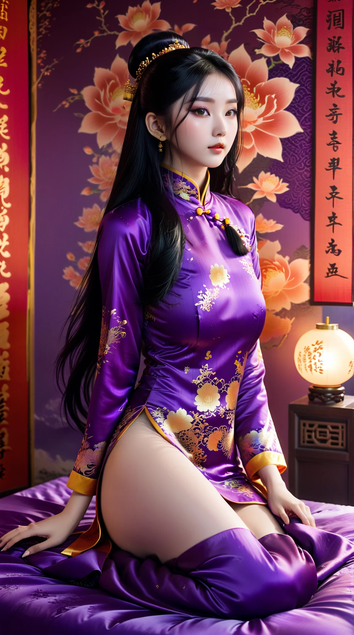 (Beautiful model in Japanese kimono commercial, beautiful straight long black hair), solo, ((face is 80% beauty and elegance, 20% pretty and cute:1.5)), clear eyes, (detailed eyes, light green eyes, bright pupils), Double Eyelids, (sexy lips with a little thickness:1.2), ((super detailed and incredibly high resolution Deep-purple Kimono:1.2)), Highly Detailed Face Texture, striking body shape, curvy and very attractive woman, high-resolution RAW color photo pro photo, BREAK ultra high-resolution textures, High-res body rendering, big eyes, unparalleled masterpiece, incredible high resolution, super detailed, stunning ceramic skin, BREAK ((Facing back to show the pattern of the Kimono:1.5)), ((Wearing a Yohen-Tenmoku kimono that uses a lot of glittering Deep-purple:1.5)), ((The main color is Deep-purple and the Yohen-Tenmoku Kimono has very colorful embroidery:1.2)), (Half-collar and Obi are White) ,(elaborately made classical Japanese Yohen-Tenmoku Kimono), ((The embroidery pattern is a Yohen Tenmoku pattern reminiscent of outer space):1.2), ((elaborately and elegantly decorated Deep-purple Kimono)), (Taken in front of a round fusuma window in a Japanese-style room)) BREAK ((Best Quality, 8k)), Crisp Focus:1.2, (Layer Cut, Big:1.2), (Beautiful Woman with Perfect Figure:1.4), (Beautiful and elegant rear view:1.3), Slender waist, (Correct hand shape:1.5), (Full body shot | cowboy shot)
