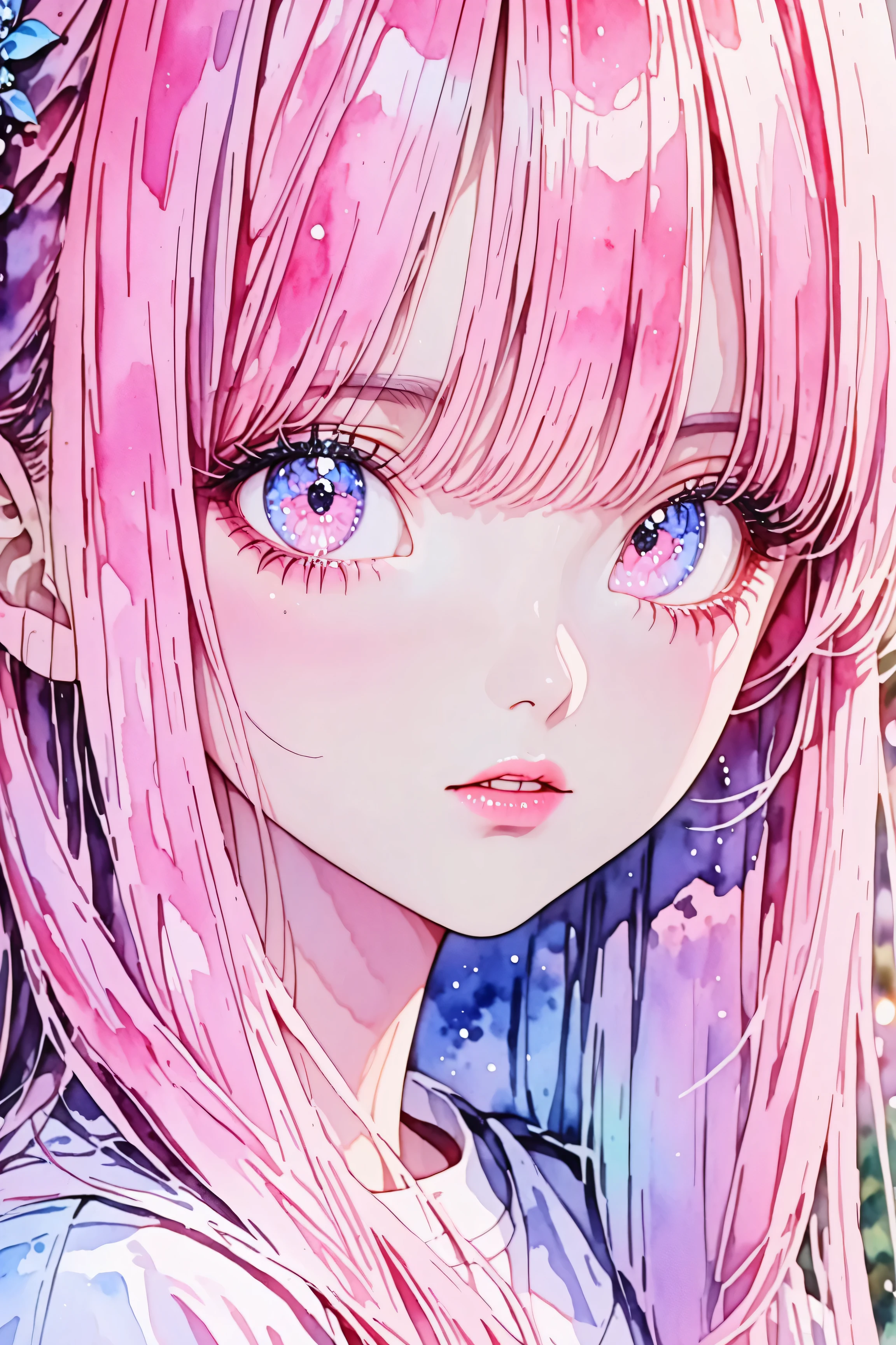 A young japanese woman, beautiful detailed eyes, beautiful detailed lips, extremely detailed eyes and face, long eyelashes, pastel painting, thick coating, texture, inspired by Moebius, trippy, (((watercolor illustration))), portrait, big eyes, ulzzang, pink eyes, (best quality,4k,8k,highres,masterpiece:1.2),ultra-detailed,vivid colors,bokeh