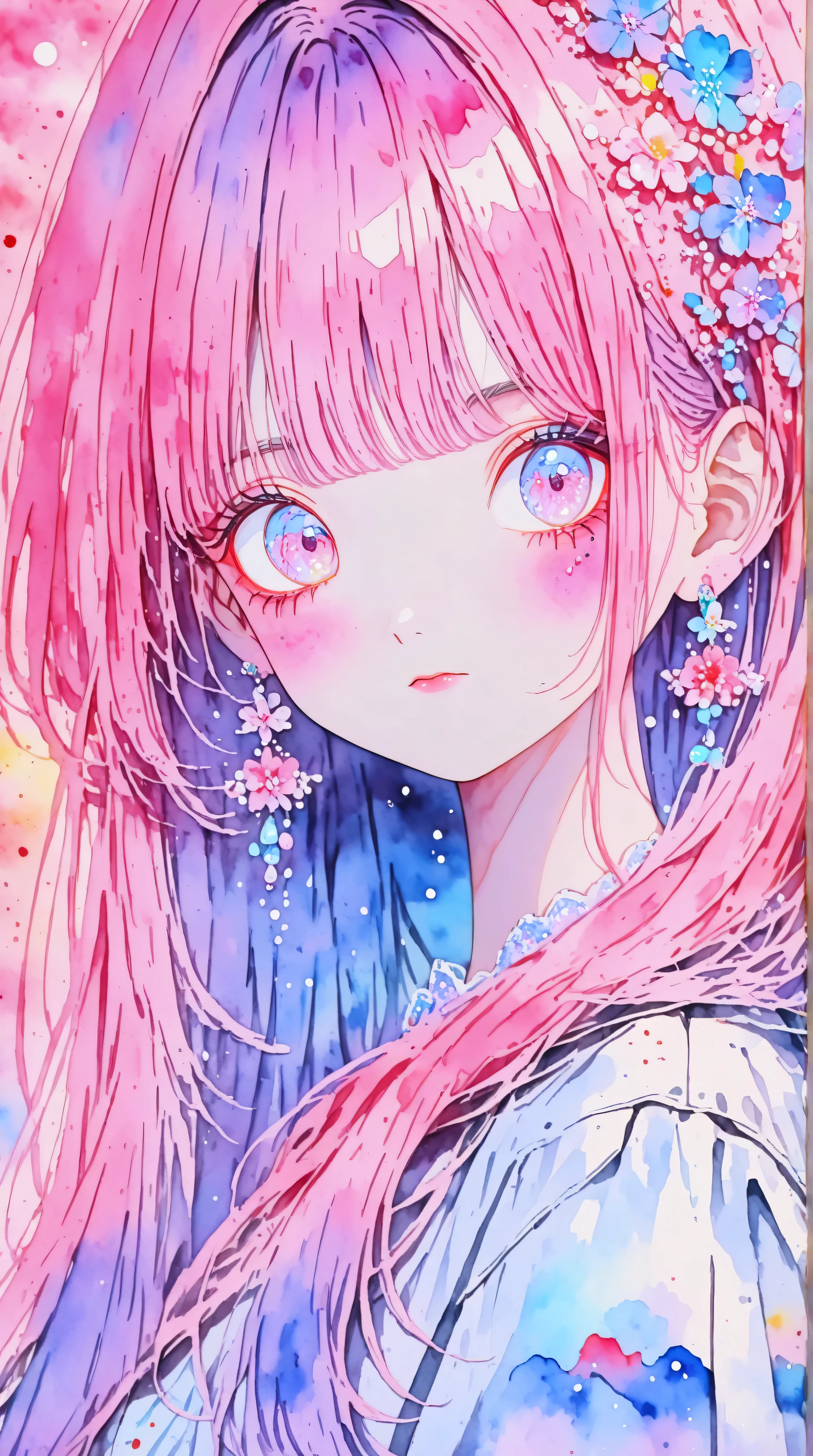 A young japanese woman, long eyelashes, pastel painting, thick coating, texture, inspired by Moebius, trippy, (((watercolor illustration))), portrait, big eyes, ulzzang, pink eyes, (best quality,4k,8k,highres,masterpiece:1.2),ultra-detailed,vivid colors,bokeh