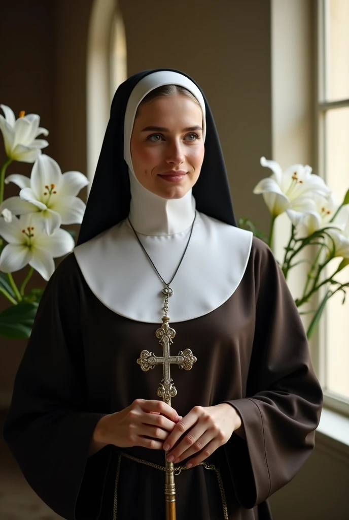 Masterpiece, photorealistic.
An old Polaroid Photo, Photo Borders, framed, very old Polaroid Photo with cracks, Iconographic.
A graceful slutty Nun, Style from the Fifties,20 y old faded vintage Color Scheme, in a Catholic Church, traditional Nun's habit, wearing a traditional Nun's Hair veil, subtle smile to the side downwards, Stained Glass, teardrop Breasts, authentic Human Skin Texture, wearing a cross pendant. sexy, smirk , naughty
((((exposed breast nipples, puffy nipples ))))
Style of Albrecht Durer, Style of Elisabeth Vigee-Lebrun., natural saggy breast