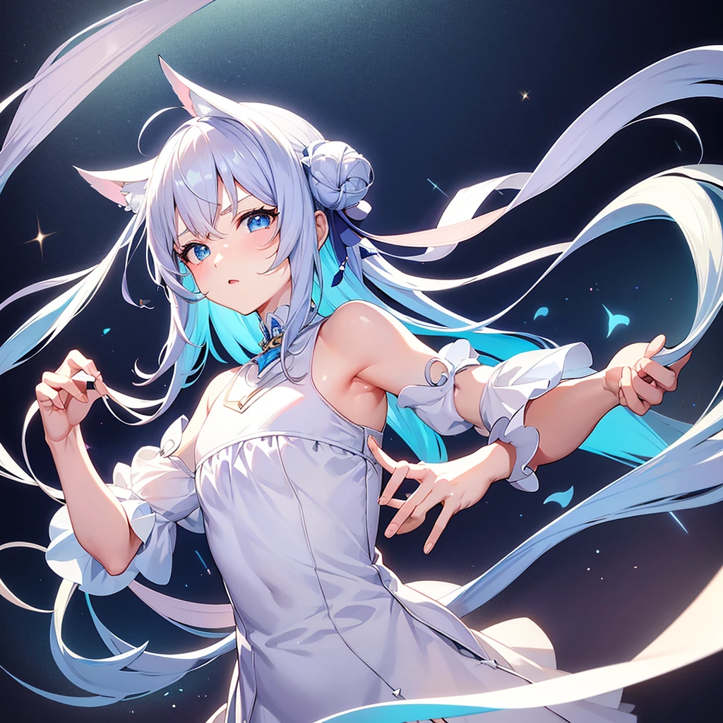 A woman in a wedding dress wearing headphones、A beautiful night view behind、Big Breasts、sexy、Room with a night view、Moonlight、Unbuttoned、Downlight、full moon、Stylish room with fireplace、Silver Hair