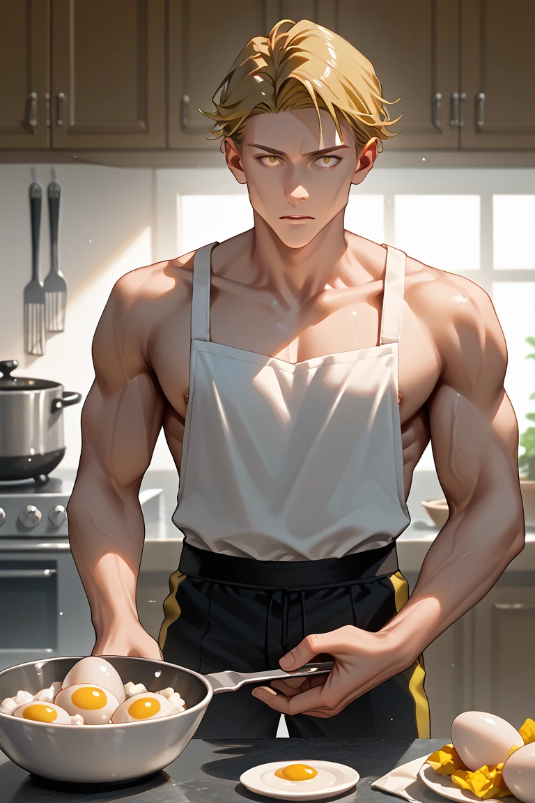 1boy, adult, handsome, perfect face, detailed eyes and face, clean shaved, sixpack realistic, white eyebrow hair, white eyelashes, dynamic lighting, unreal engine 5, hd picture, satoru gojo, white hair, short hair ,hair between eyes ,blue eyes, white skin, apron, Kitchen space background
