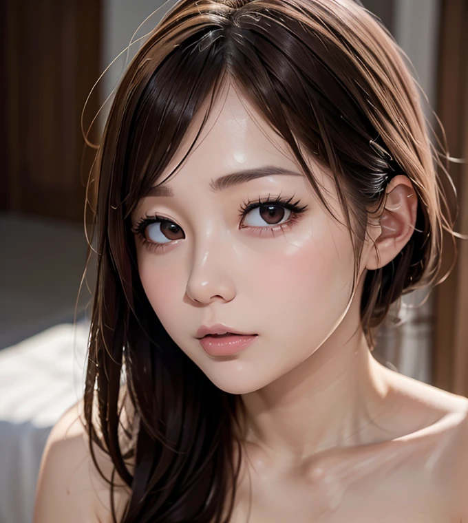 On the bed、Close-up photo of a beautiful naked woman、Black Hair、bangs、Place two images, up and down
