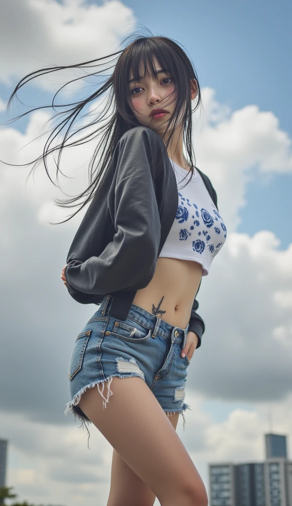 She has long green hair,Wasteland punk style,Wear a white shirt,baggy jeans,Long legs,Black-gray tones,Shabby poster wall with background,tmasterpiece,Need,photorealestic,k hd,photography lighting,16k