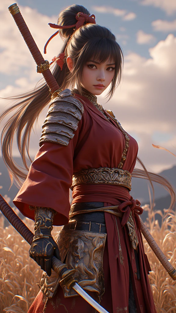 <lora:samuraiLoraV01:0.85> 4k, 8k, best quality, ultra high res, (photorealistic:1.4),(masterpiece:1.2), best quality, masterpiece, highres, original, extremely detailed wallpaper, (ultra-detailed), (best illustration), (best shadow), (realism), realistic, 1girl, solo, ((adult)) , samurai, black hair, (samurai helmet:1.1), very detailed faces, (detail eyes:1.2), brown eyes, (red armor), uniform, shoulder badge, shibari, looking at viewer, cool face, (blood on face:1.2), dirty face, slim girl, cowboy shot, dusk, yellow sun, grass field, <lora:more_details:0.7>