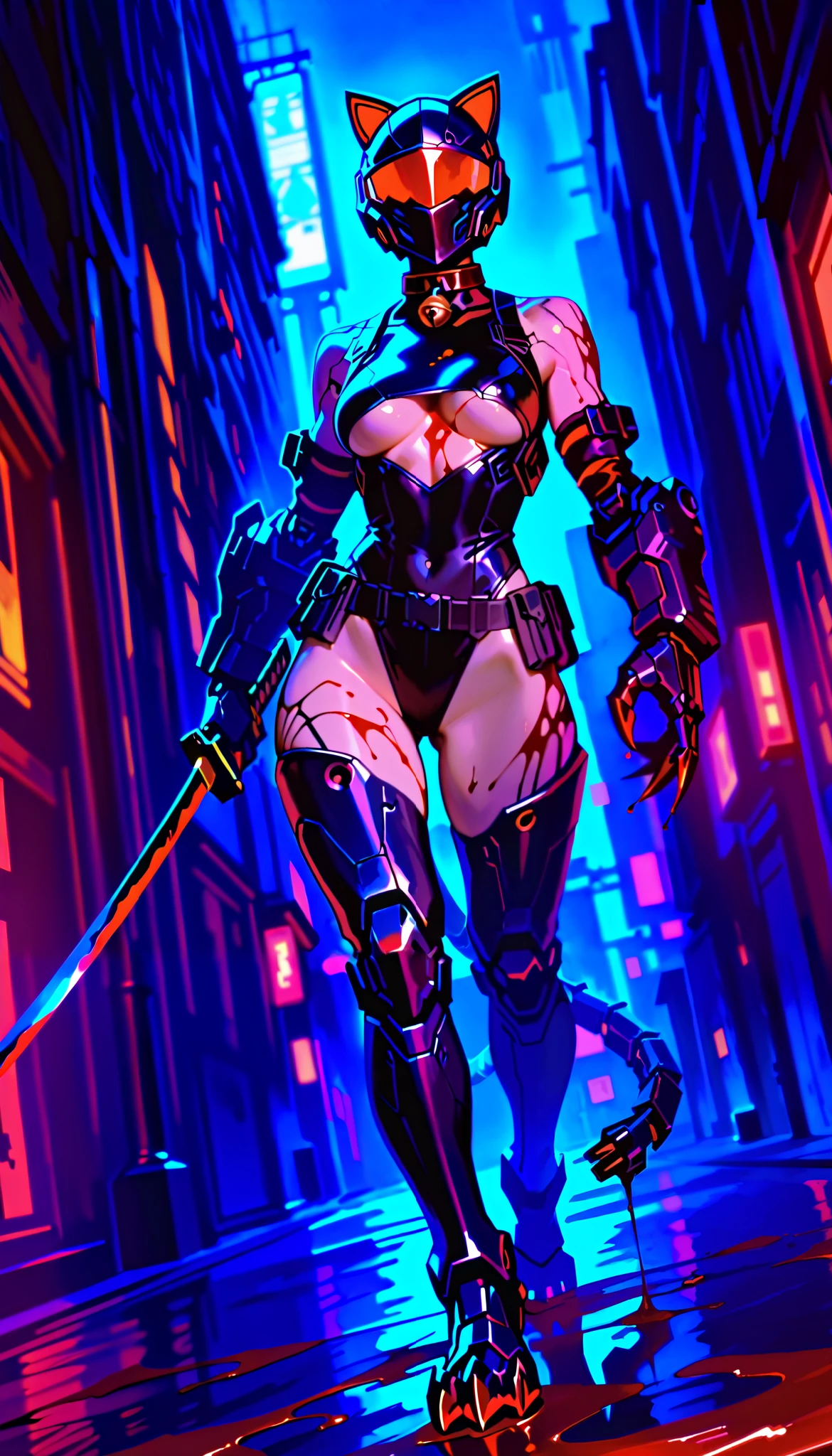 Best quality, masterpiece, (((1girl))), (((solo))), dense cyberpunk city background, dense city street, neon lit street, raining, night time, wet skin, cyberpunk, anime, full-face helmet with cat ears, black helmet, red glowing cat ears, hourglass figure, toned body, athletic, skimpy clothing, (((black leotard))), underboob cutout, (((underboob))), black tactical gear, skimpy tactical gear, (((holding katana))), (((covered in blood))), (((blood splatters))), (((blood everywhere))), (((blood all over body))), (((gore))), (((view from ground))), (((cat eyes visible in helmet))), black thigh highs, red and black tactical gear, glowing neon red katana blade, (((blood dripping from katana))), (((blood dripping from claws))), (((bloodbath))), (((mechanical tail))), (((segmented tail))), (((metallic red claws))), (((metallic red helmet visor))), tactical chest harness, tactical knee pads, tactical elbow pads, tactical gloves, tactical thigh harness, (((tactical utility belt))), (((tactical body harness))), (((cybernetic legs))), (((cybernetic lines on skin))), (((dutch angle))), (((hand in claw shape))), (((hips cocked))), (((shoulders visible))), black arm bands on biceps, (((medium breasts))), cybernetic legs, (((mechanical claw feet))), (((walking towards viewer))), (((sexy walk))), one katana, mechanical skin, (((oversized left hand))), (((red bell collar))), (((red and black tubes on arms)))