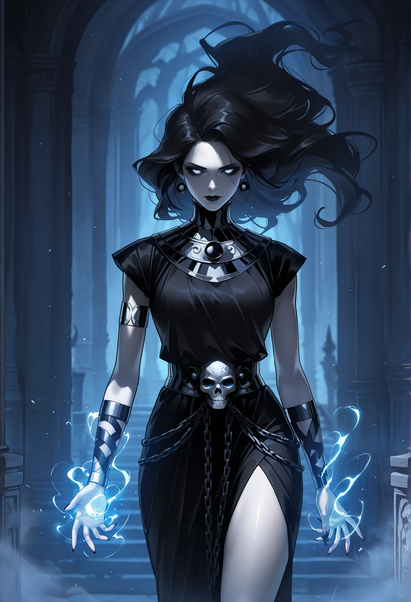 masterpiece, best quality, amazing quality, newest, very aesthetic, 1girl,A darkly elegant woman with long, flowing hair stands in the underworld of Hades, her chains dust-covered as she gazes longingly at the ashen souls surrounding her. Her voice, whispered in a rush, echoes through the gloom as she navigates the sideways paths. A fresh hight of emotion is captured under the bloody moon in this haunting painting, where the woman's presence exudes a captivating aura of mystery and longing. The high-quality image evokes a sense of melancholy and intrigue, drawing viewers into a world of dark beauty and hidden depths.