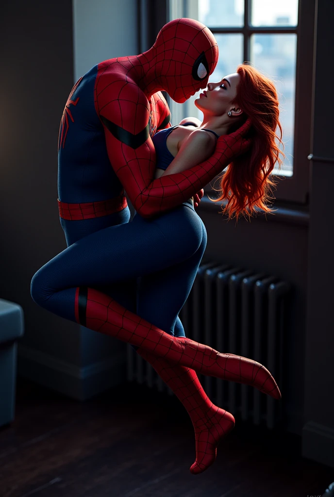 Spiderman is inserting his fingers in Mary Jane Watson’s vagina under her skirt, he is fingering her, she is in ecstasy,