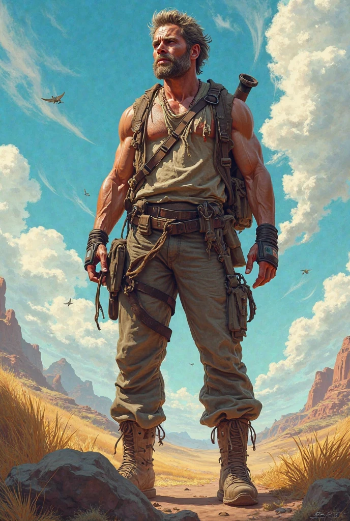 nsfw ,totally naked man, male focus solo, mature 40 yo man,(((Stephen AMELL))) as private army soldier,  lean and muscled, totally naked  ,brown belt , brown boots , full body shot, dark blond short hair (((with no hat))), well groomed facial hair, smiling ,looking at the viewer, proud, holding a gun with one hand, Rambo style, macho hunk and handsome , ultra high quality, (changing  background)