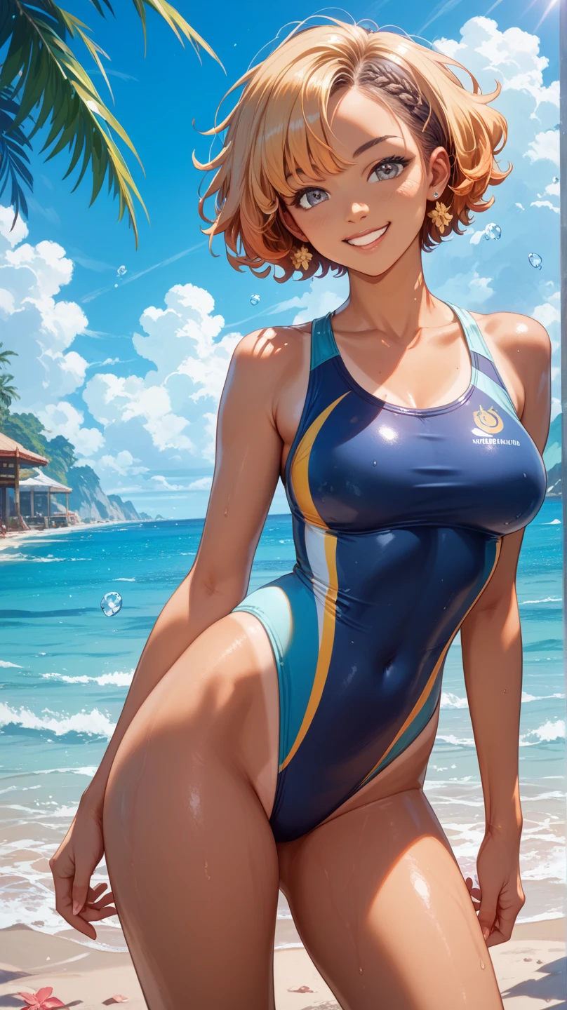 highest quality、Realistic、Silver Hair、Light blue eyes、Very Short Hair、One piece swimsuit、Tanned black body、A well-trained body、athlete、Tan Skin、Brown black skin、slender、boyish、Sweat、smile、Ocean、
