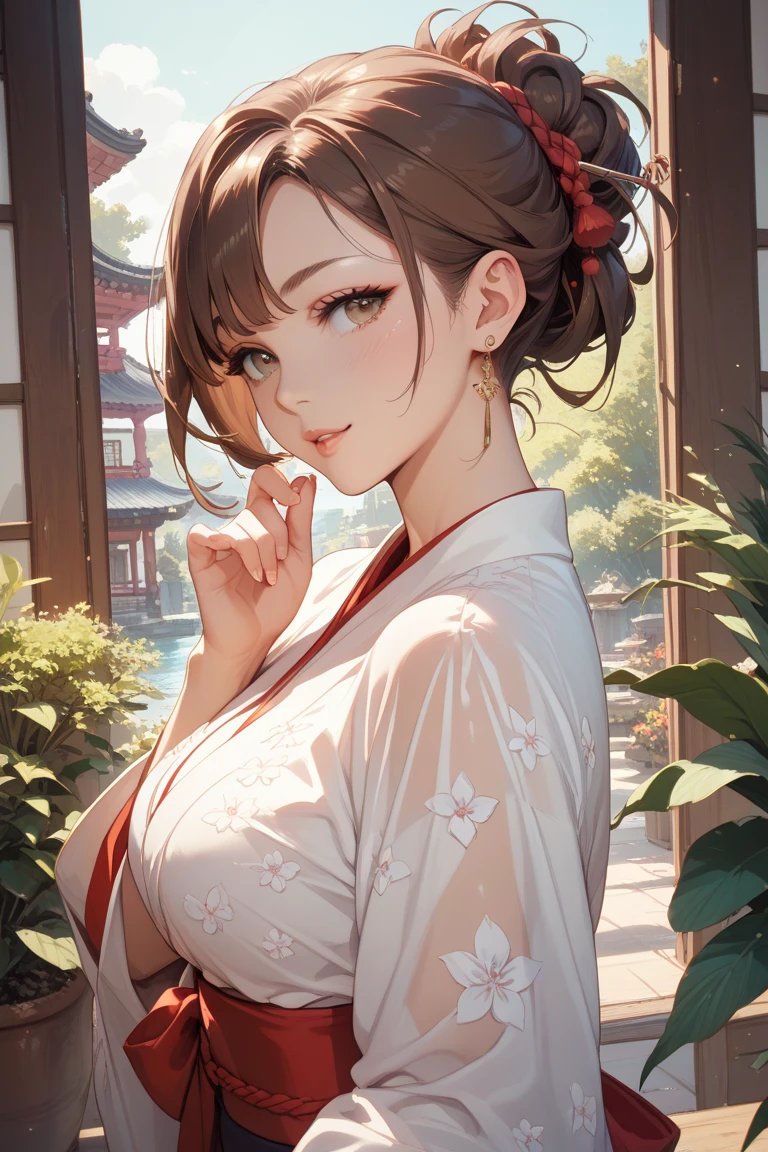 Beautiful woman wearing a white Chinese dress brown hair ponytail Upper Body