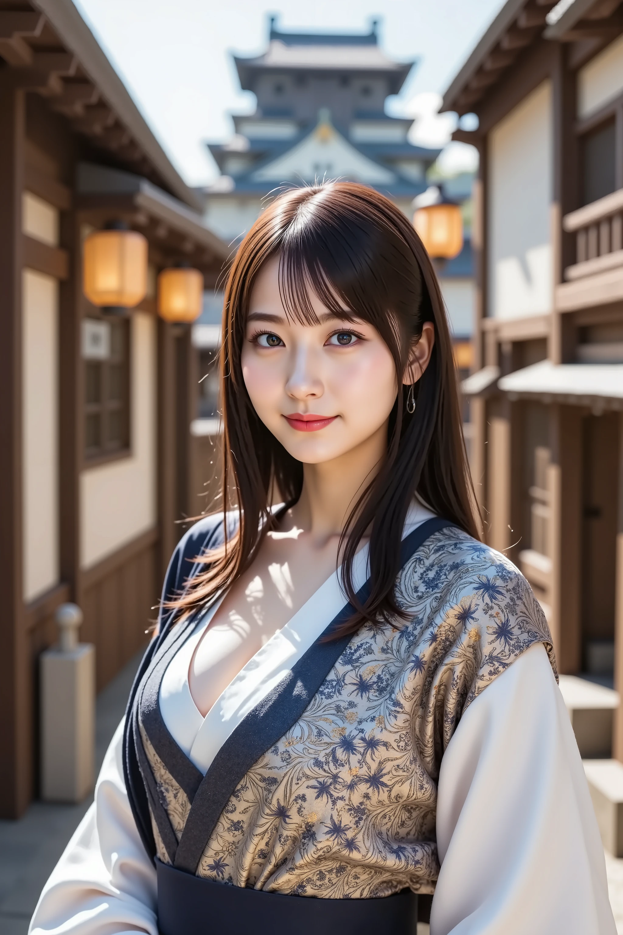 Big breast, Ultra-detailed 8K digital illustration of a beautiful young Asian woman dressed in traditional female samurai attire, rendered with breathtaking precision. The image is a waist-up shot capturing her poised demeanor, with long, silky black hair flowing in soft, natural waves that gracefully frame her delicate, determined face. Her eyes, filled with unwavering resolve and subtle compassion, convey both strength and serenity. She is adorned in meticulously crafted armor featuring elaborate engravings, intricate filigree, and layered plating that combine to express a perfect harmony of fierce warrior spirit and refined elegance. At her waist, a finely forged Japanese sword—its blade gleaming with a razor-sharp edge and decorated with exquisite, traditional carvings—is securely fastened, symbolizing honor, duty, and the storied legacy of the samurai.
The background immerses the viewer in an evocative Edo-period townscape, where historic wooden structures line narrow, winding streets. Inspired by the charming ambiance of Kyoto’s traditional neighborhoods, the scene is enriched with authentic details: weathered timber beams, softly illuminated lanterns, and subtle hints of nature reclaiming the urban landscape. Edo Castle looms majestically in the distance, its imposing silhouette and intricate architectural details radiating a sense of cultural grandeur and historical significance. The interplay of warm, natural light filtering through the alleyways and the delicate shadows cast by the wooden facades creates a mesmerizing atmosphere, perfectly balancing the resolute figure of the female samurai with the evocative, time-honored setting of an ancient Japanese town.
