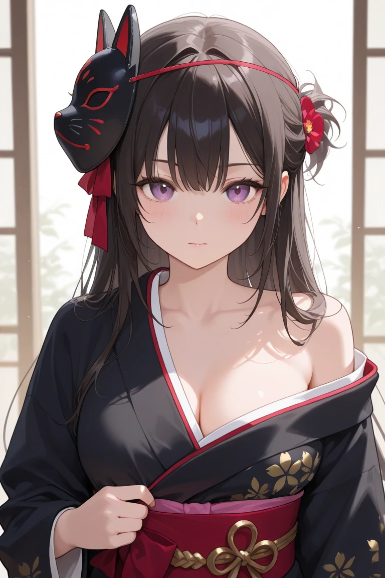 (high-quality, breathtaking),(expressive eyes, perfect face) (((off shoulder yukata, cleavage, sexy lips)), 1girl, female, solo, young adult, black hair , black coloured eyes, stylised hair, gentle smile, short length hair, loose hair, side bangs, japanese clothing, demon slayer art style
