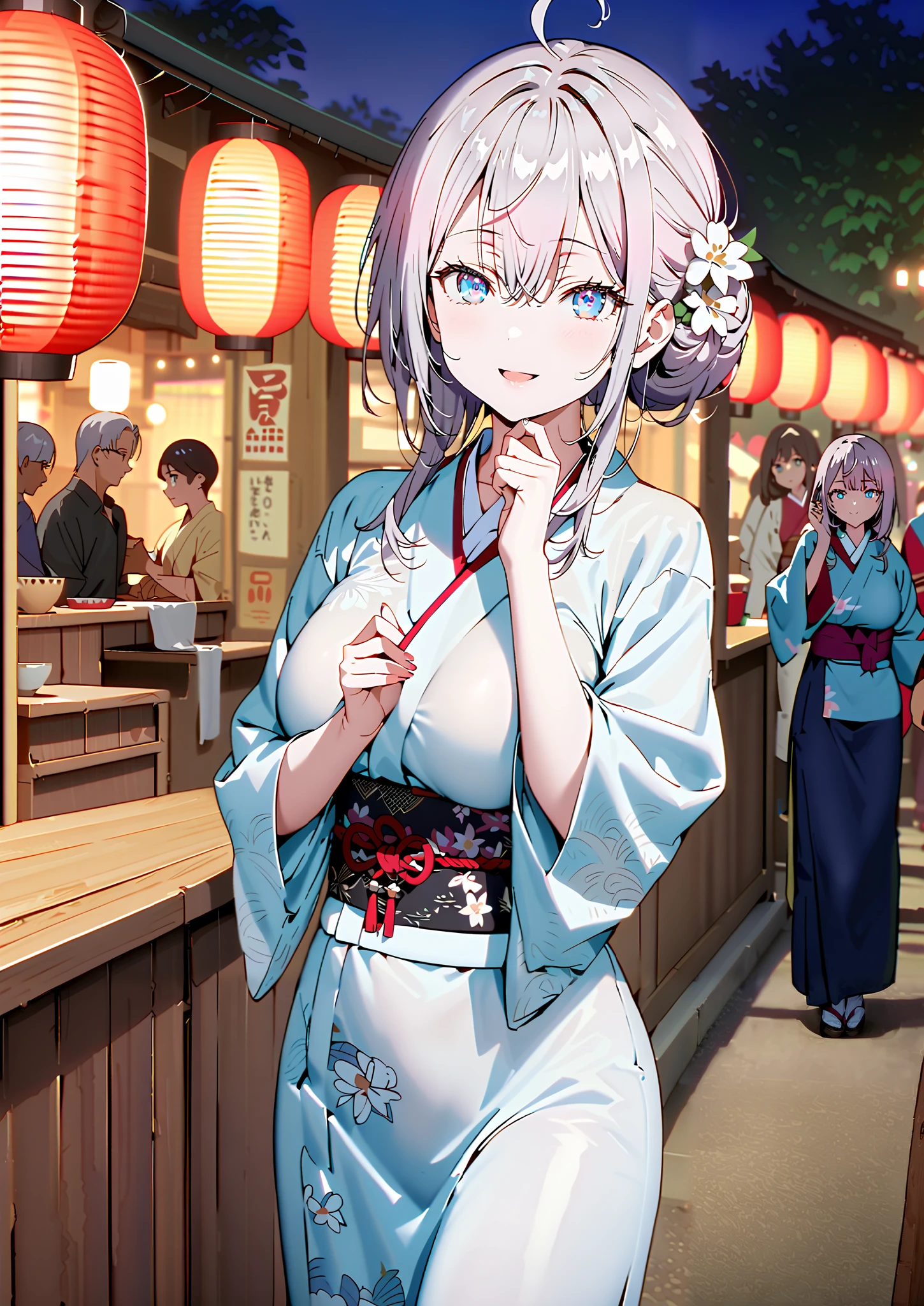 Alisa Mikhailovna Kujo, bungs, blue eyes, stupid hair, Gray Hair, side lock,bun hair,Nape,Big Breasts,Flower Hair Ornaments,White flower pattern kimono,smile,cover,opens her mouth,standing,Light up fireworks,Red Lanterns,Japanese stalls   ,night,full bodyがイラストに入るように,break outdoors,  Japanese festival,
break looking at viewer,full body,,
break (masterpiece:1.2),top quality , kampala,unity 8k 壁紙,(shape:0.8),( fine and beautiful eyes :1.6),It's a person ,full body写真,CG Details , (perfect hands,complete anatomy),