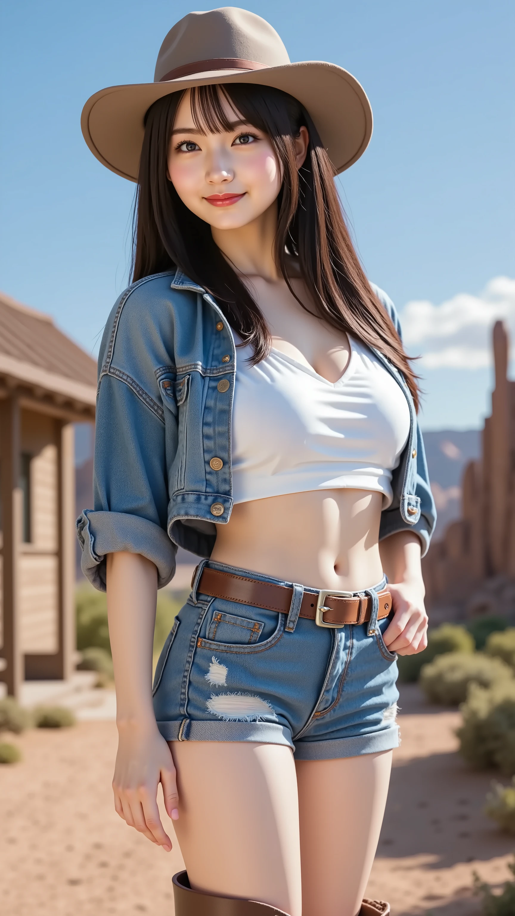 ((quality、8K、masterpiece:1.3))、Beautiful Woman with Perfect Style、Affectionate smile、denim pant、jeanig thin waist、Thin leg