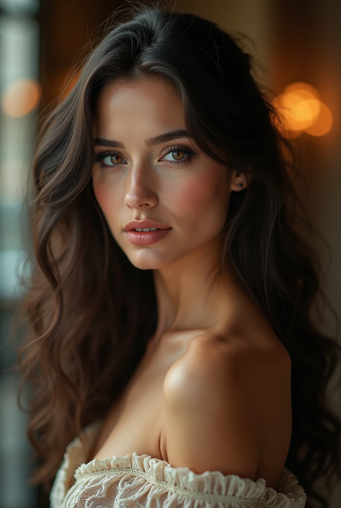 A beautiful 20-year-old topless beauty looks heavenly, posing in a doggy style with perfect big breasts, pinkish white skin, charming honey-colored eyes and long brown hair, instantly attracting attention. This picture seems to be a high-resolution photo that captures every detail perfectly. Her red lips are full and seductive, revealing her alluring charm. The overall quality of the picture is excellent, showing the model's natural charm in stunning detail. -Imagination -8k clear and beautiful studio lighting