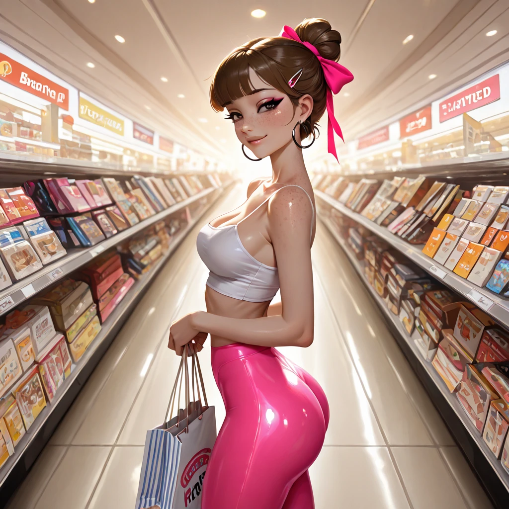 Lewd woman, big boobs, pink hair in a bun, black lipstick, face freckles, White sheer bikini top, white pantyhose, skinny, leggy, tall, small boobs, squatting with legs spread, pussy shown, in a grocery store.