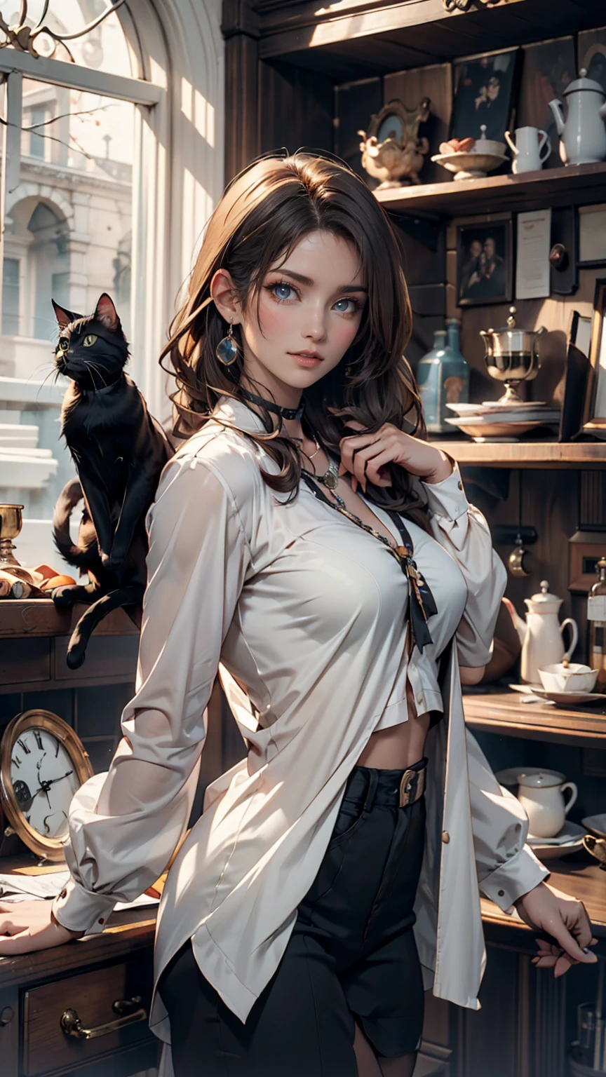 Long Hair, low-tied Long Hair, Nurse cap, eyeball, Big eyes, Cat ear, compensate, Surrealism, Surrealism, modern art, realism, image debtill, silhouette, Chiaroscuro, debtirst-person view, debt/1.8, Ultra-high resolution, masterpiece, 16k, 8k