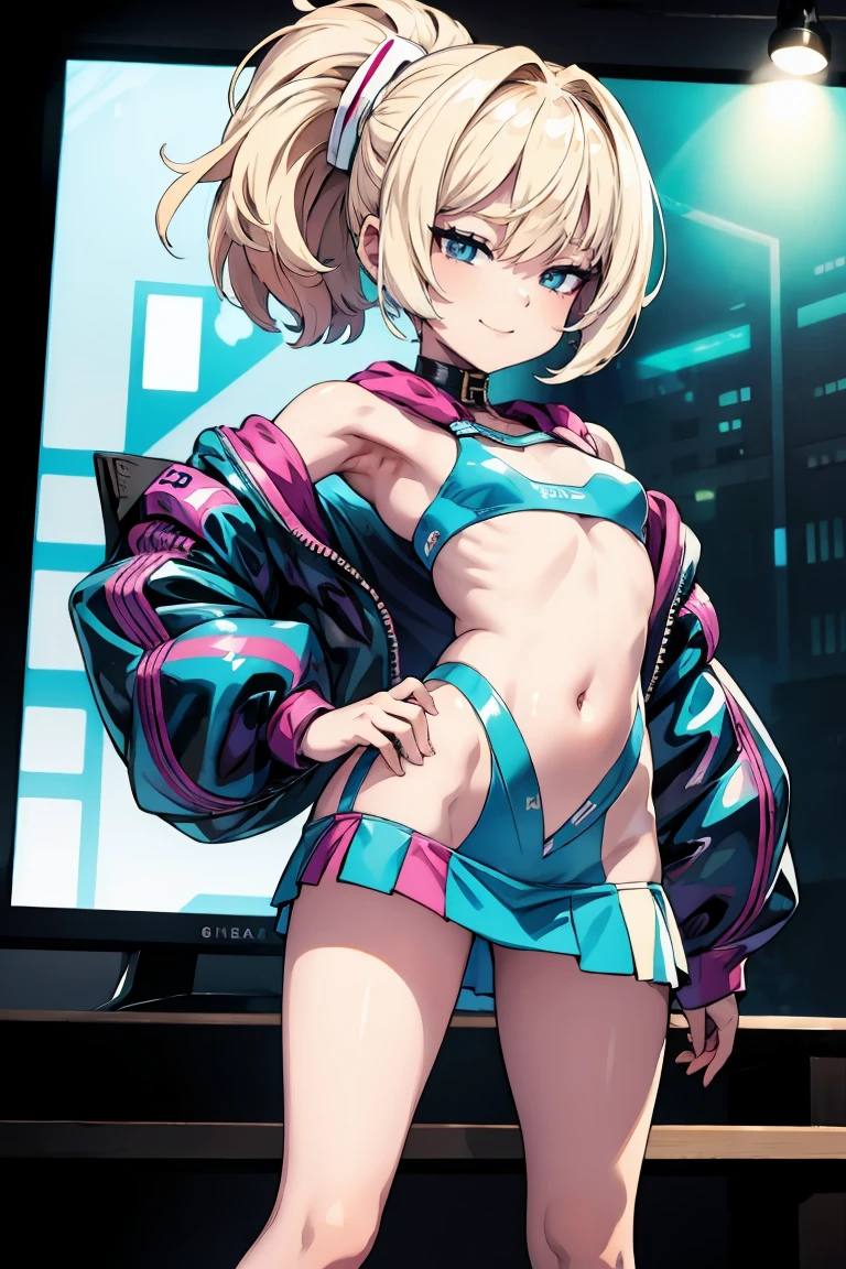 Young girls, blond with short hair, Turquoise eyes, ssmile, Cat ears, Black  top, Black  shorts, Green jacket, open belly, zippers, tmasterpiece, high high quality, 4K, k hd, Nice details