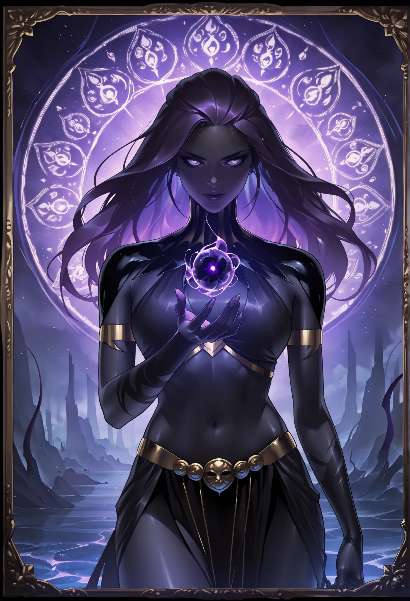 masterpiece, best quality, amazing quality, newest, very aesthetic, 1girl,In the depths of Hades the video game, Nyx captivates with her flowing violet hair as she gazes directly at the viewer, clutching a dark orb in her hand. This beautifully crafted image, whether painting or digital artwork, showcases Nyx's elegant yet mysterious demeanor. Her hair cascades around her in shimmering waves, framed by a backdrop of the mythical realm of Olympus. The intricate details of her outfit hint at her divine origins, while her piercing gaze draws viewers in with its intensity. This stunning depiction of Nyx exudes a sense of dark beauty and power, elevating the image to a work of art that demands attention.