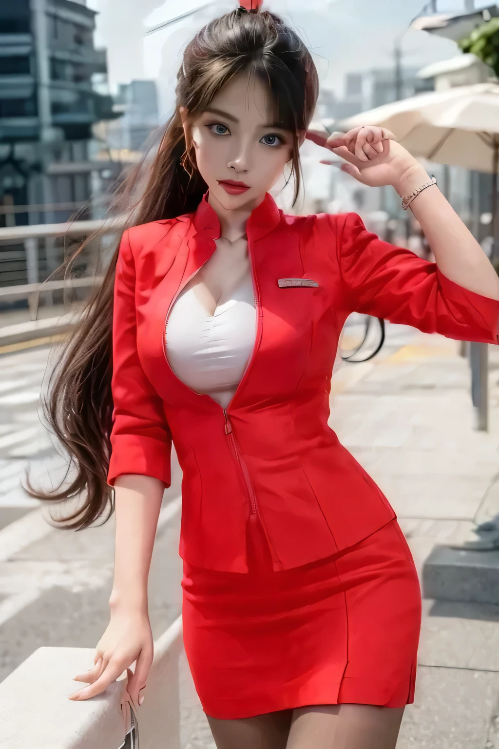AirAsia's red uniform、Luxury earrings、ロングヘアのponytail、Hair tied up、Red rubber band、ponytail、Captivating look、22 year old Asian female