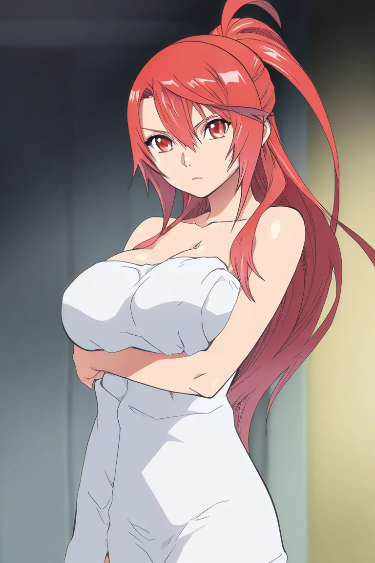 Create a high-quality anime still that captures a masterpiece of dark and eerie art, featuring Gasai Yuno. This still should depict Gasai Yuno, a sexy 1girl character with large breasts (1.5), sitting nude in a chilling kill room. She should be staring blankly, wearing a black choker and thigh highs. Behind her on a table, place a blood-stained knife, a black face mask, and an apron made of human skin. The character design should draw inspiration from Gasai Yuno, incorporating elements of a psycho thriller for a detailed, dangerous, and dark atmosphere.